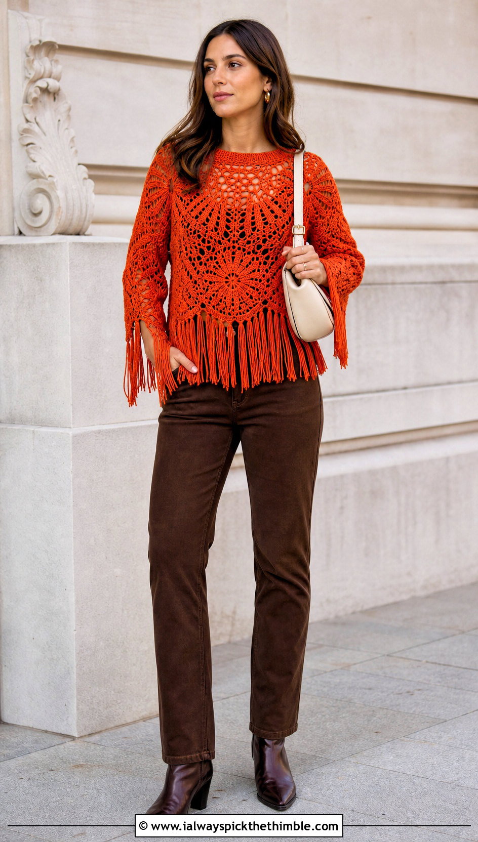 Fringed Crochet Top With Suede Pants - 25 colorful crochet top outfit ideas