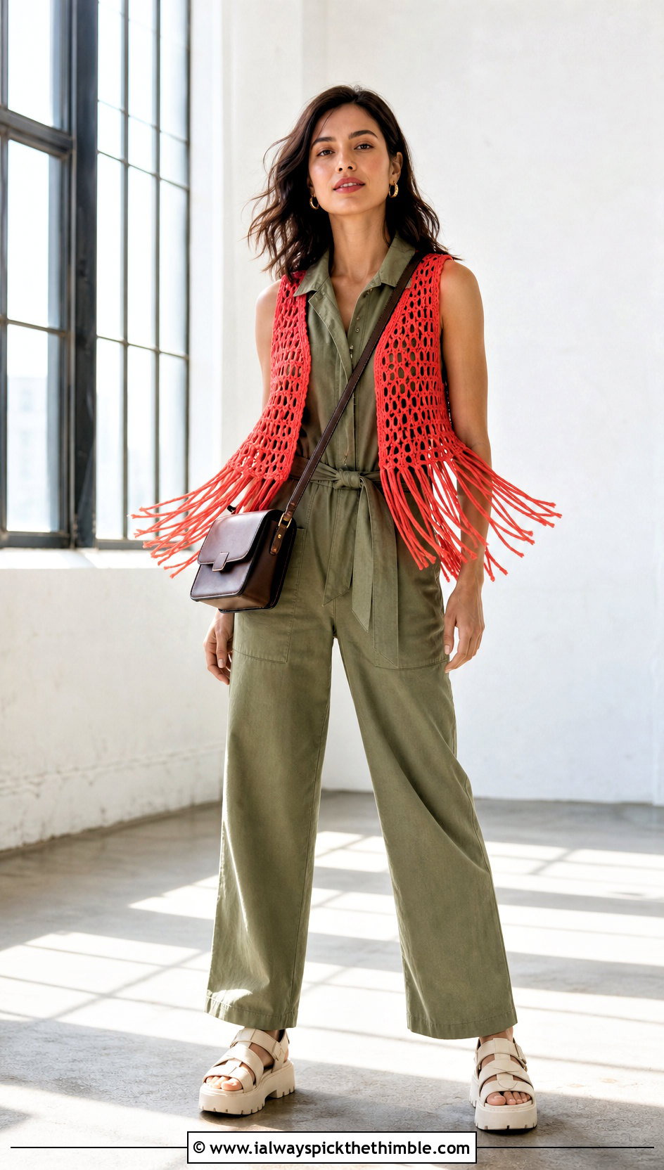 Fringed Crochet Top With Utility Jumpsuit - 20 Crochet Holey Top outfit ideas