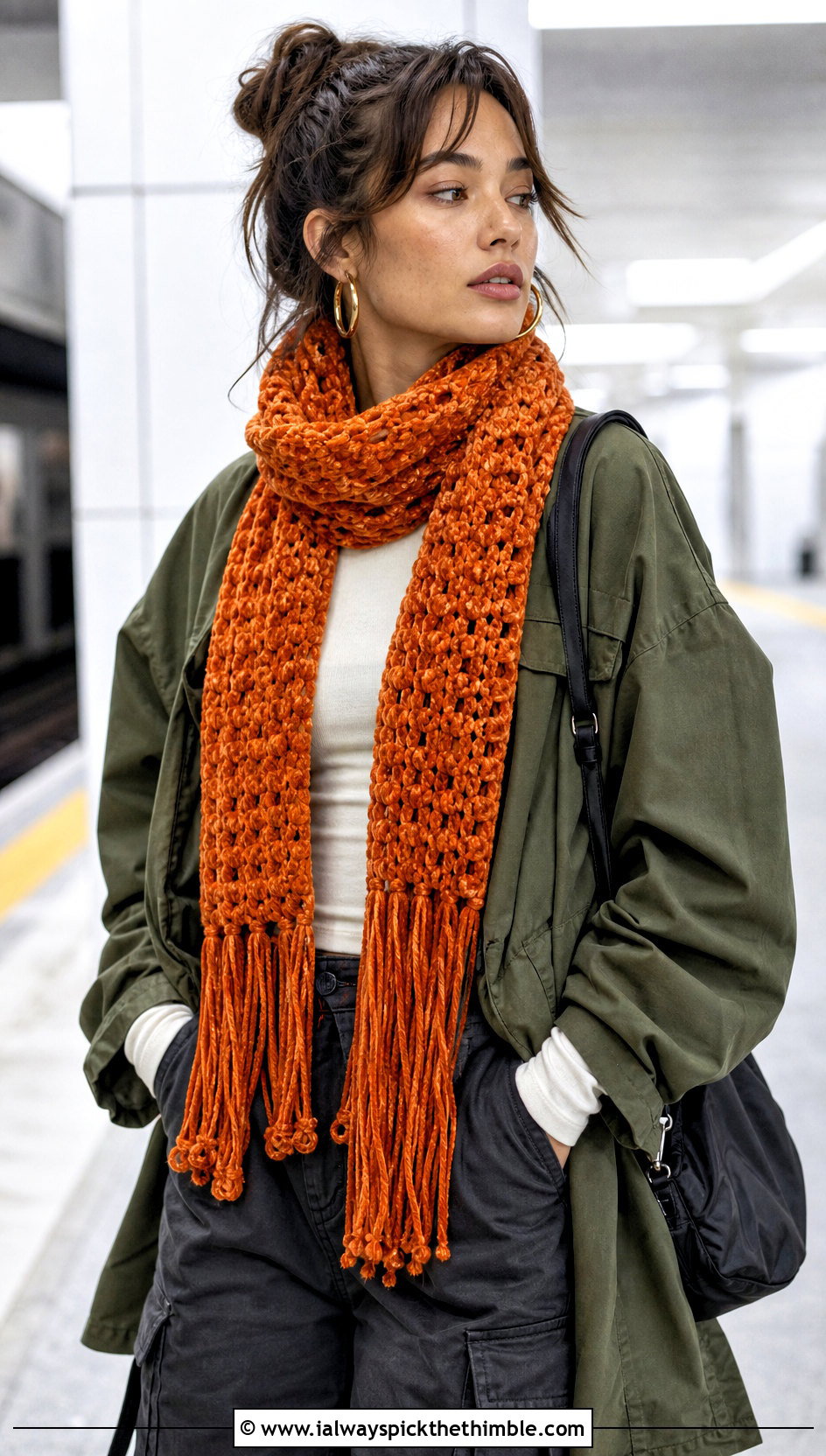 Fringed Crochet Velvet Scarf With Cargo Pants - 20 Crochet Velvet Scarf outfit ideas