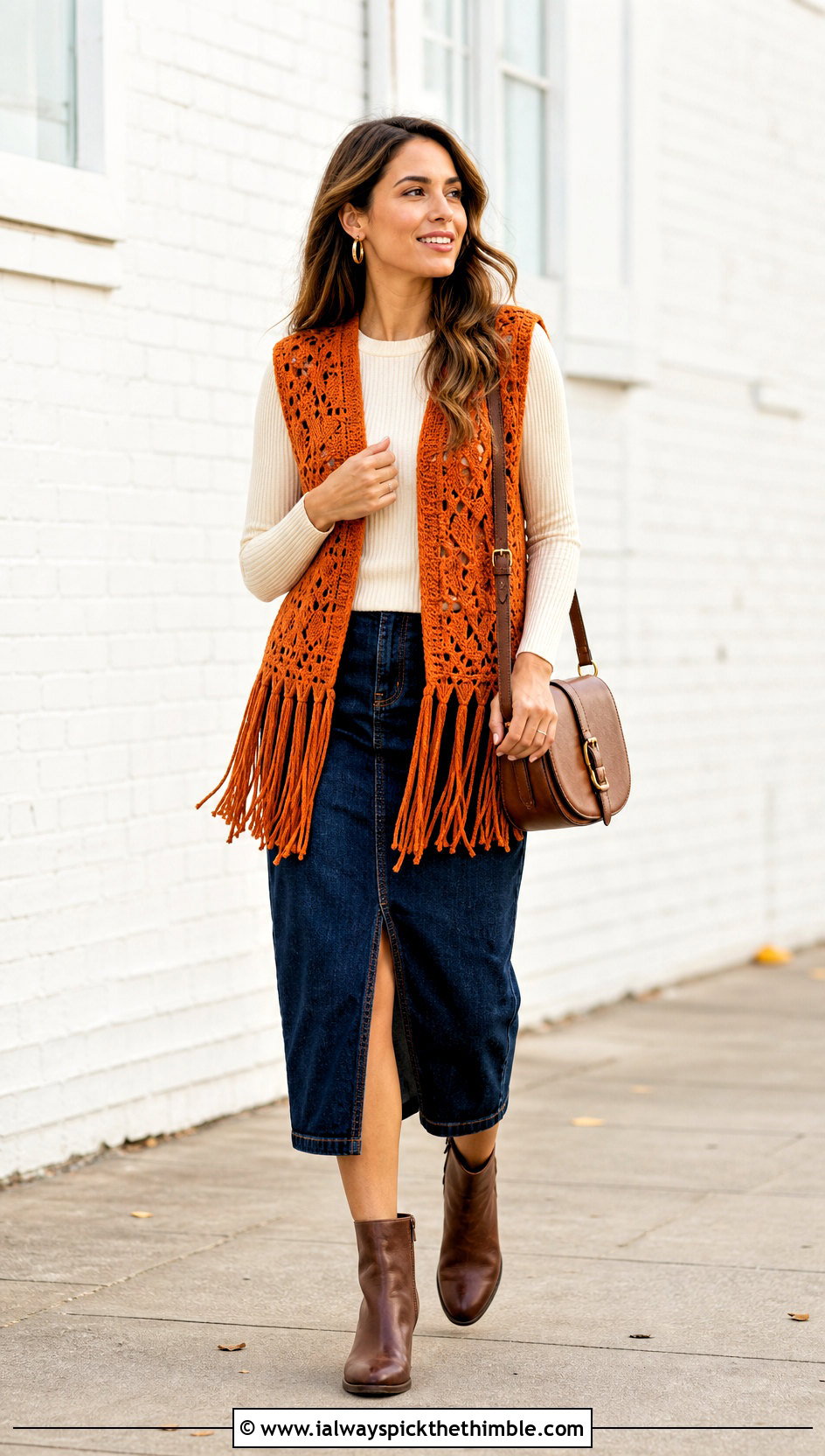 Fringed Crochet Vest With Denim Midi Skirt - 25 crochet vest outfits for women outfit ideas
