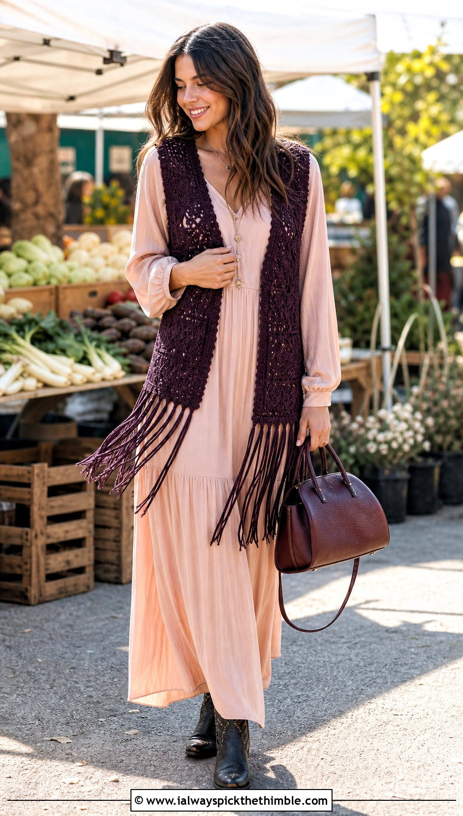 Fringed Crochet Vest With Maxi Dress And Boots - 25 crochet vest for women outfit ideas