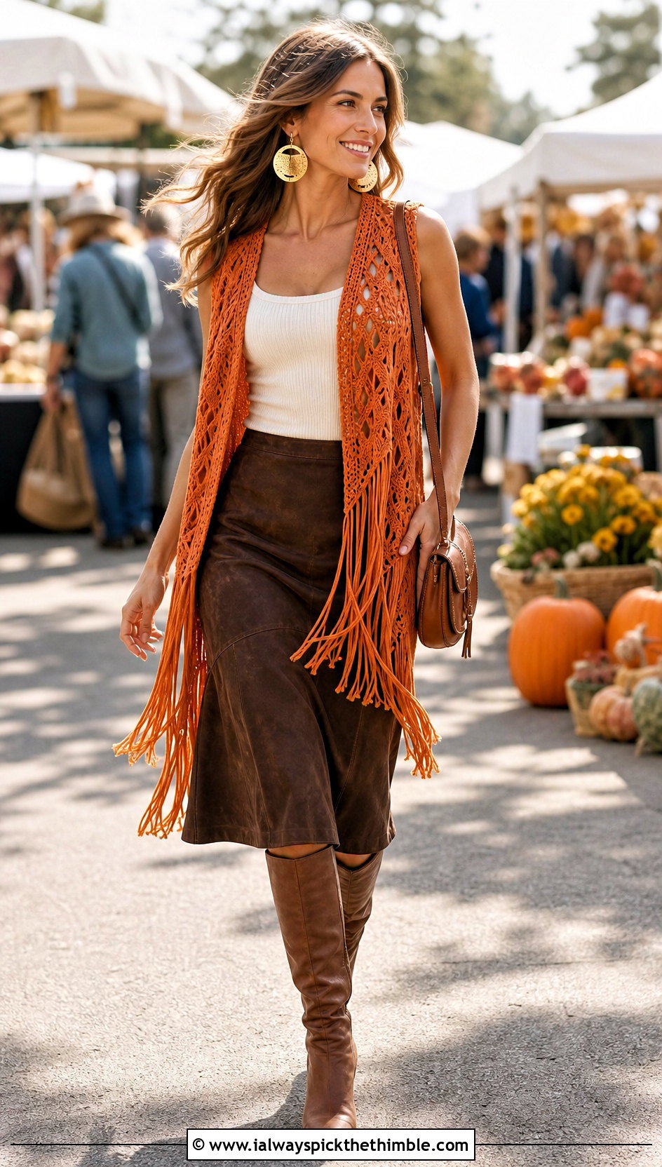 Fringed Crochet Vest With Suede Midi Skirt - 15 crochet vest coats & jackets outfit ideas