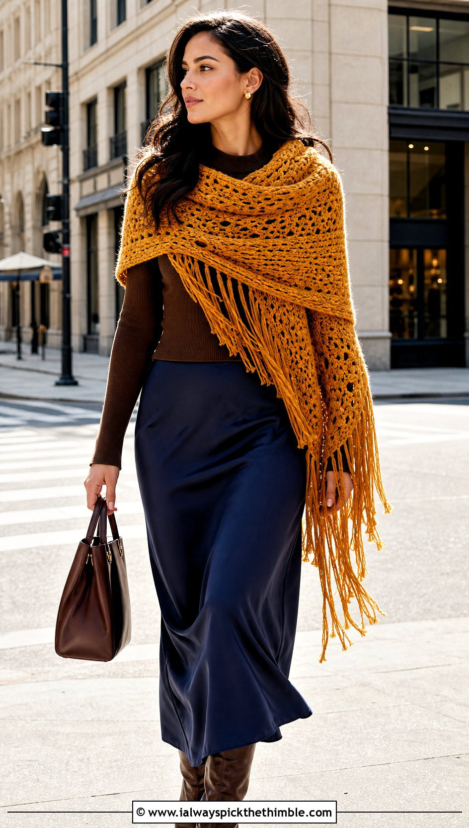 Fringed Crochet Wide Scarf With Midi Skirt - 20 Crochet Wide Scarf outfit ideas