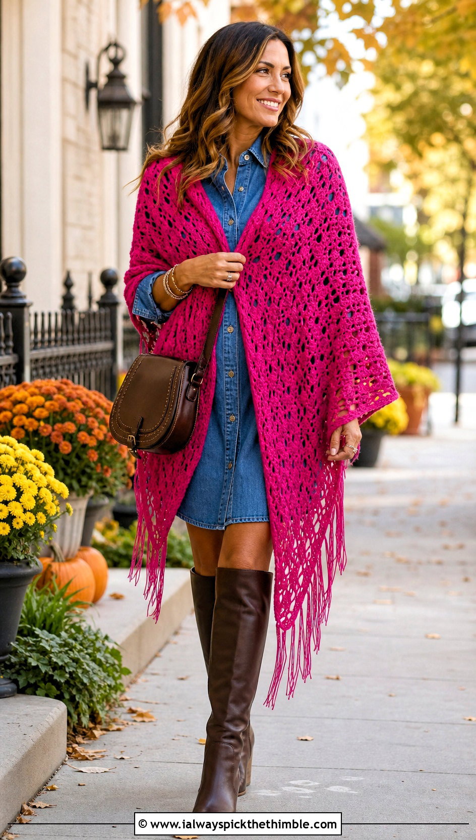 Fringed Crochet Wrap With Denim Shirt Dress - 15 Crochet Wraps outfit ideas