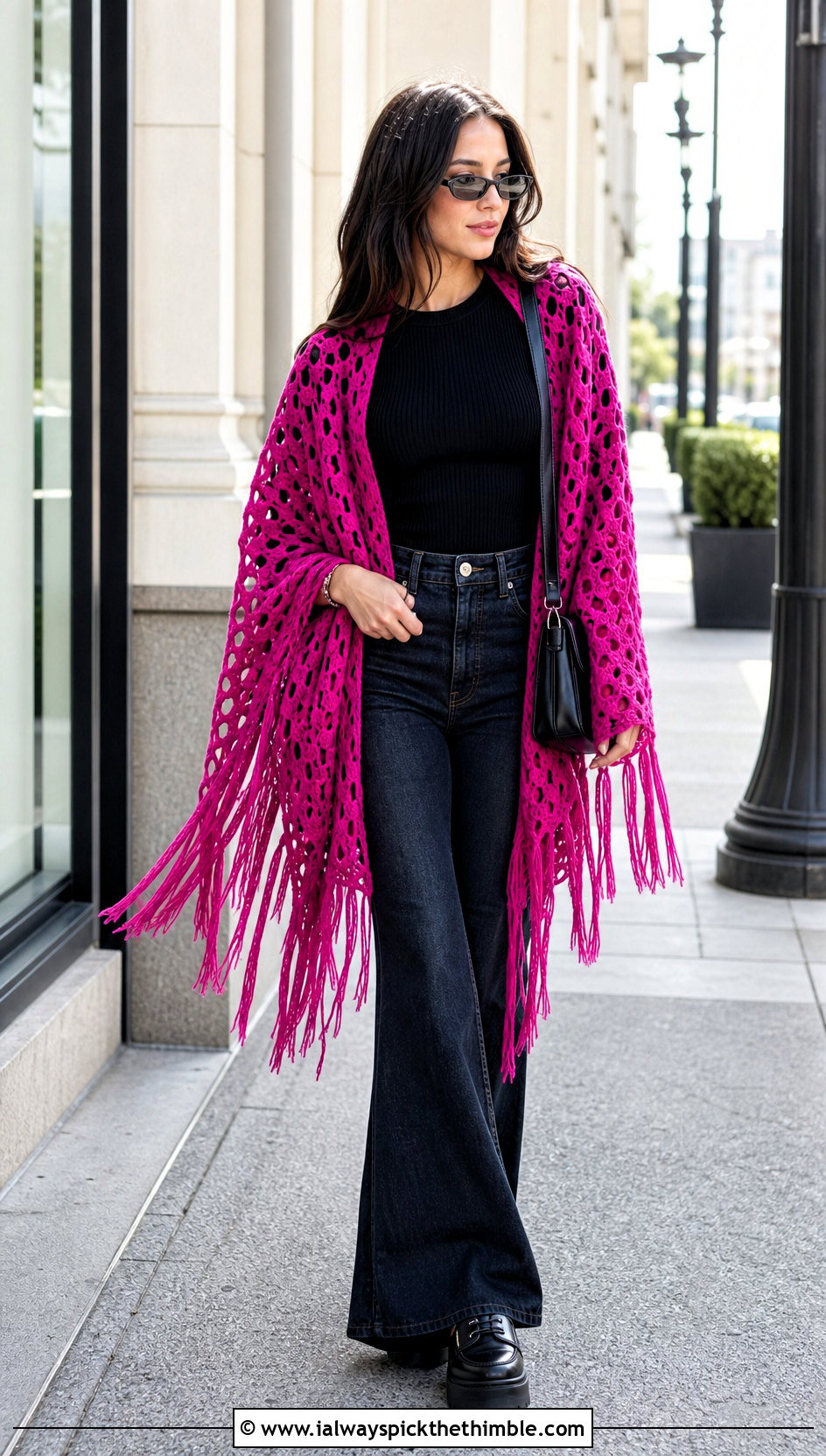 Fringed Crochet Wrap With Flared Jeans - 15 Beginner Crochet Wrap outfit ideas