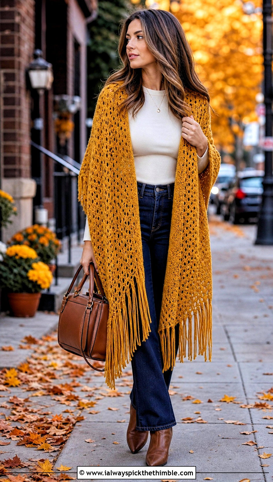Fringed Crochet Wrap With Straight Leg Jeans - 20 crochet for shawls outfit ideas