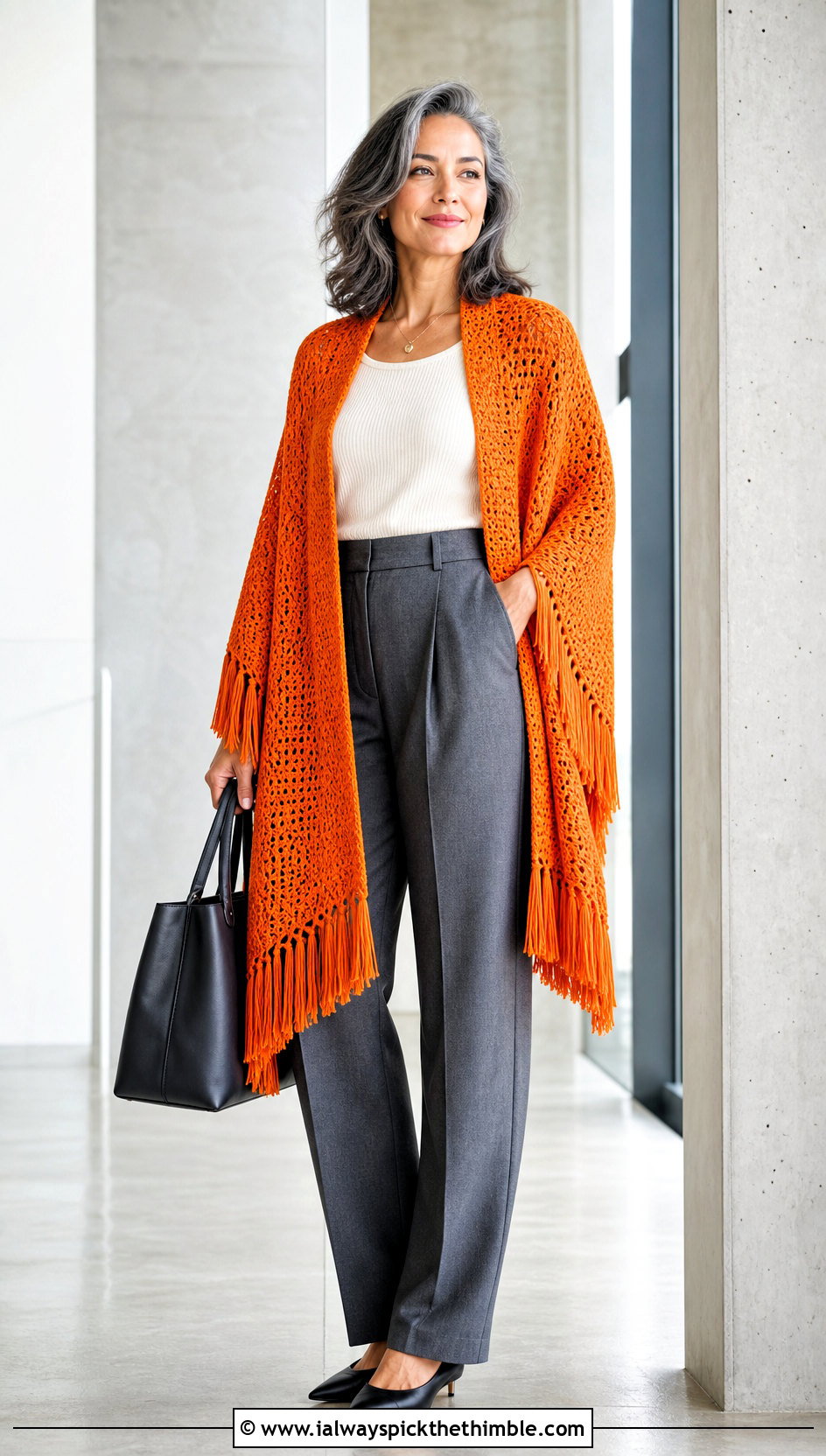 Fringed Crocheted Ruana With Tailored Trousers - 20 Crocheted Ruana outfit ideas