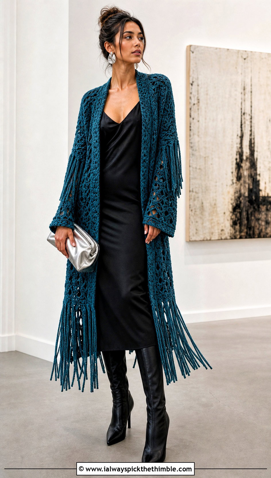 Fringed Crocheted Sweater Coat With Satin Slip Dress - 15 colorful crocheted sweater coat outfit ideas