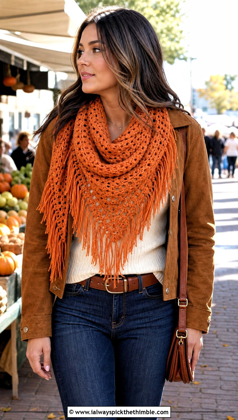 Fringed Crocheted Triangle Scarf With Suede Jacket And Bootcut Jeans - 20 Crocheted Triangle Scarf outfit ideas
