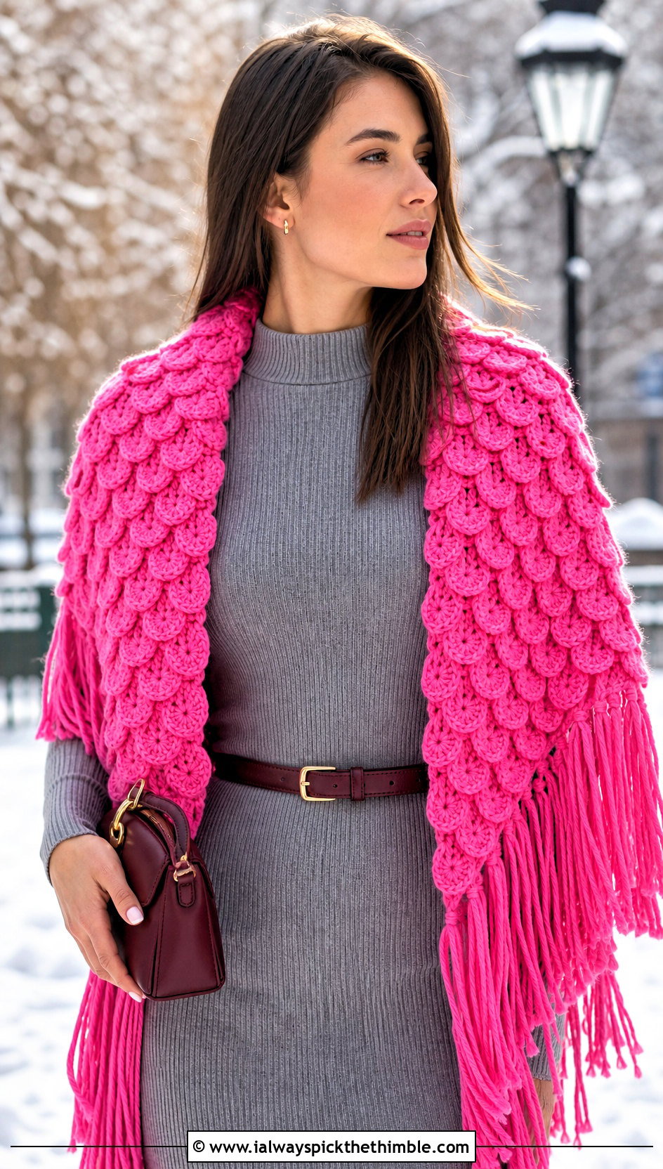 Fringed Crocodile Stitch Crochet Shawl With Sweater Dress - 15 crocodile stitch crochet shawl outfit ideas
