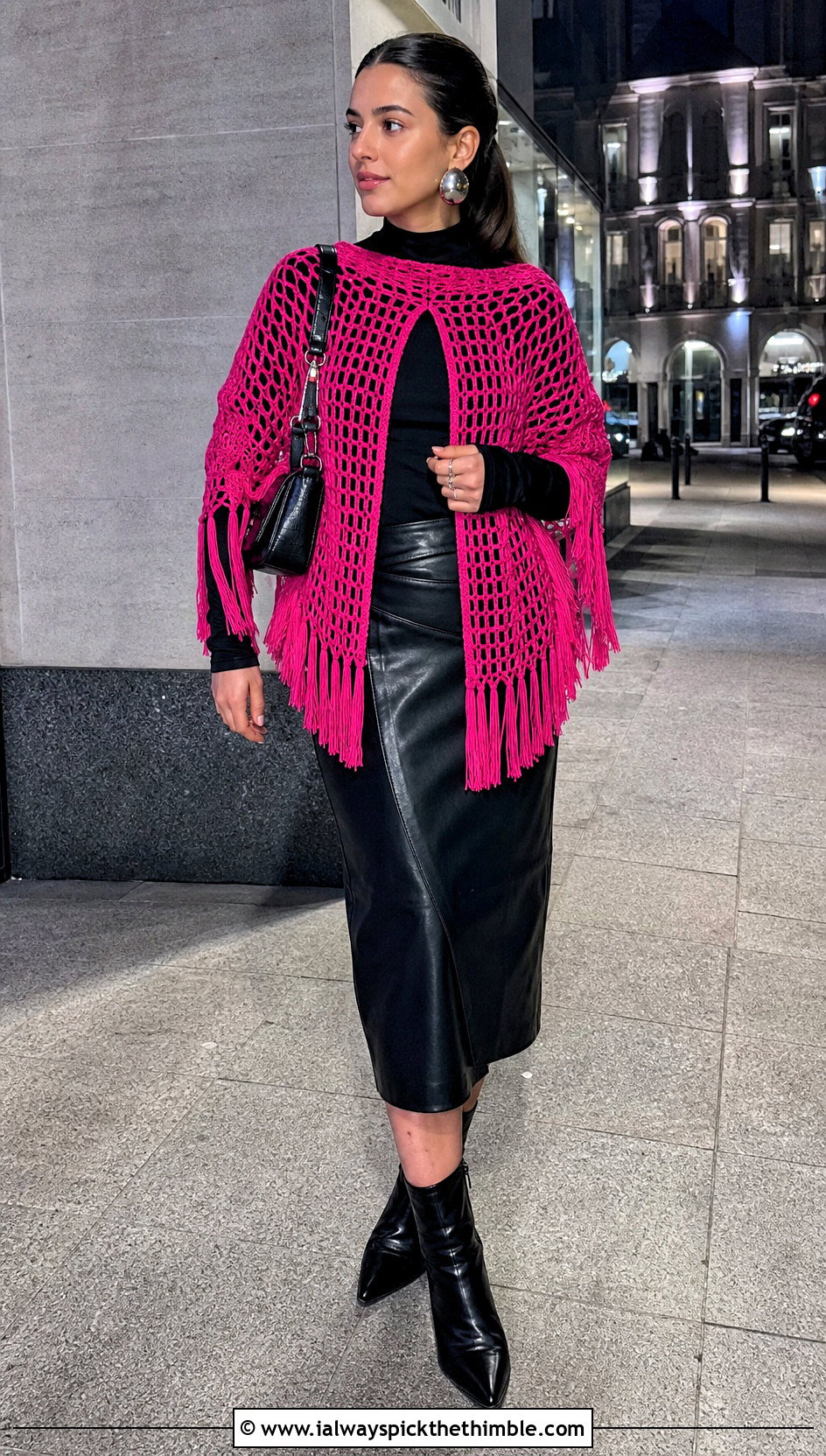 Fringed DIY Crochet Cape With Leather Midi Skirt - 15 diy crochet cape outfit ideas