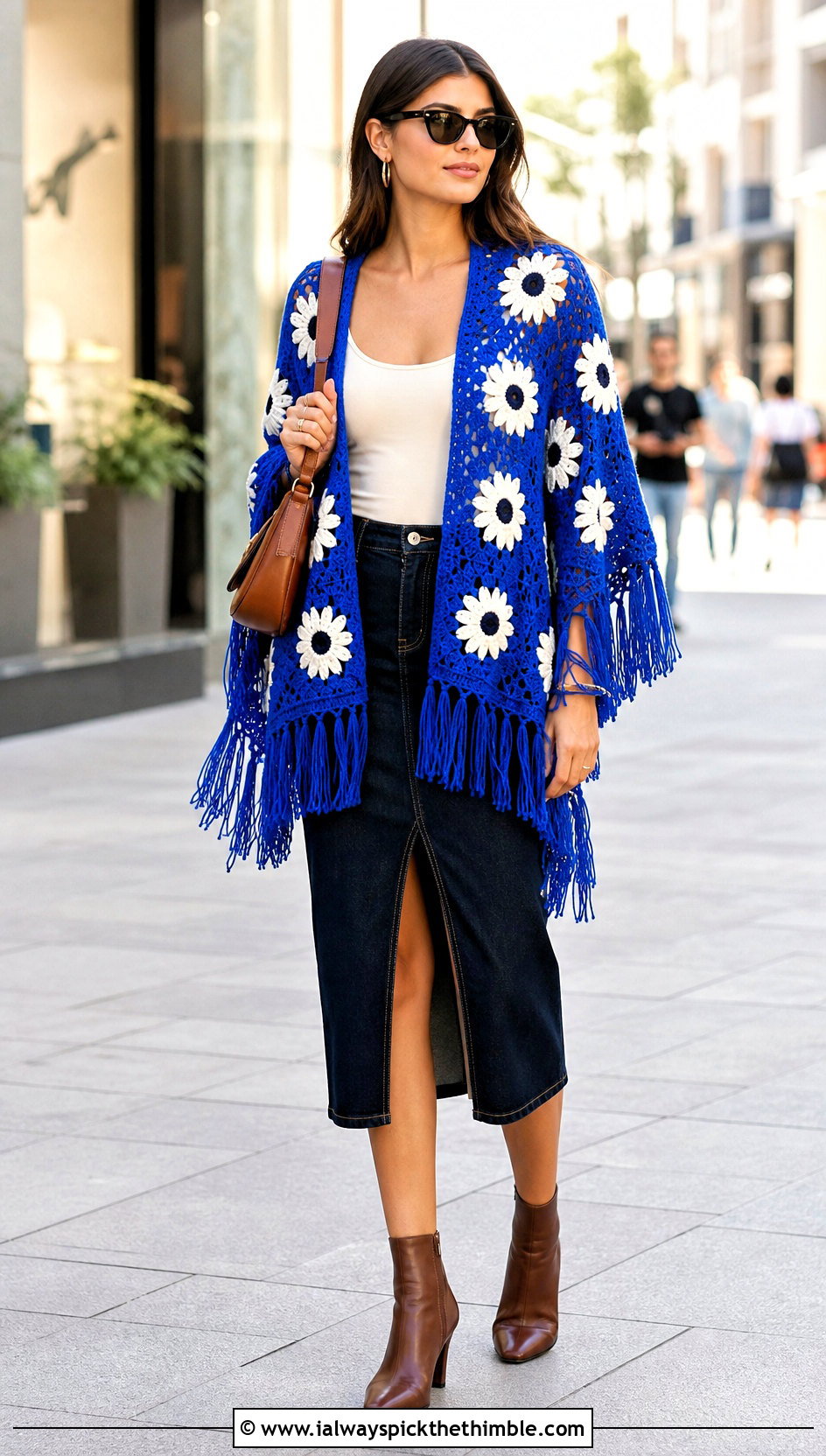 Fringed Daisy Crochet Poncho With Denim Midi Skirt - 20 Crochet Flower Poncho outfit ideas