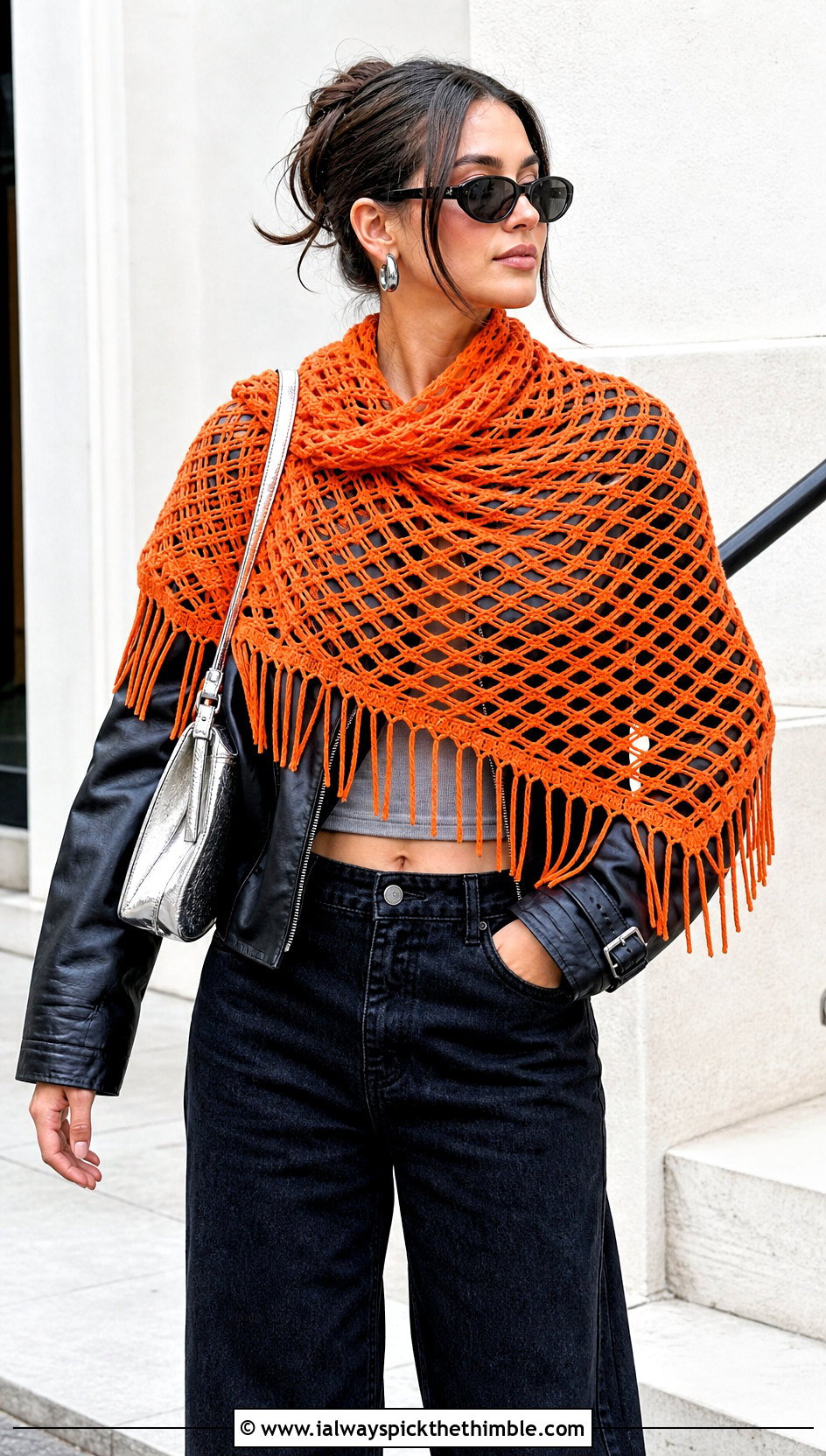 Fringed Diamond Mesh Triangle Shawl With Leather Jacket - 20 Crochet Mesh Triangle Shawl outfit ideas