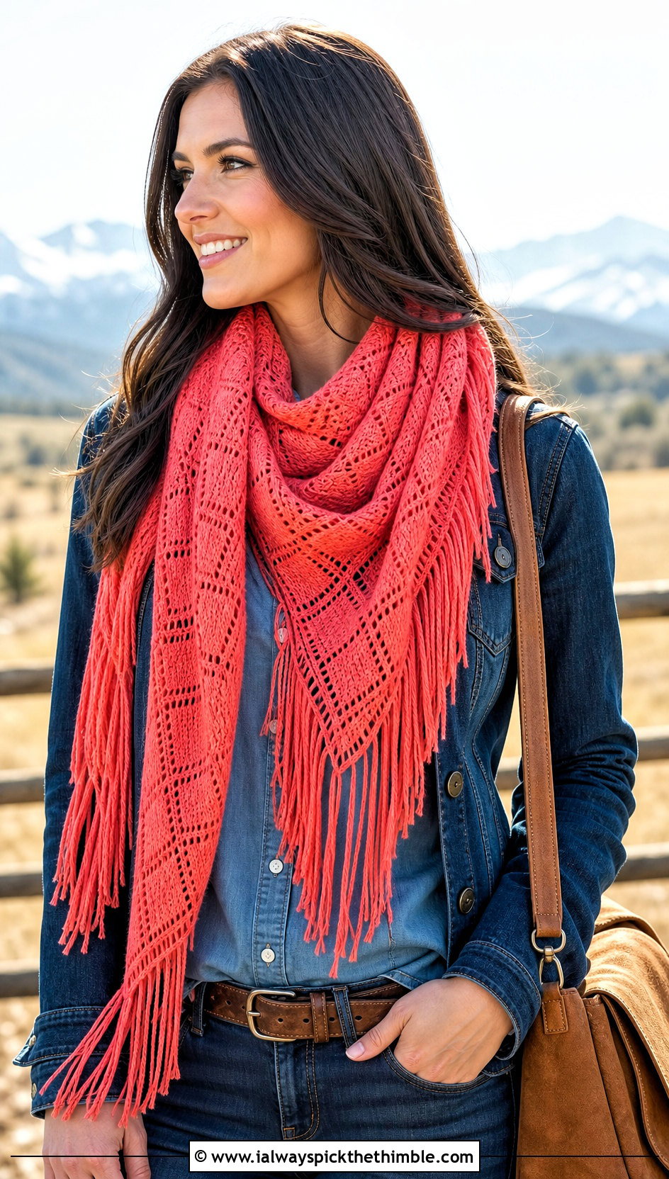 Fringed Diamond Scarf With Western Denim Outfit - 15 diamond crochet scarf outfit ideas