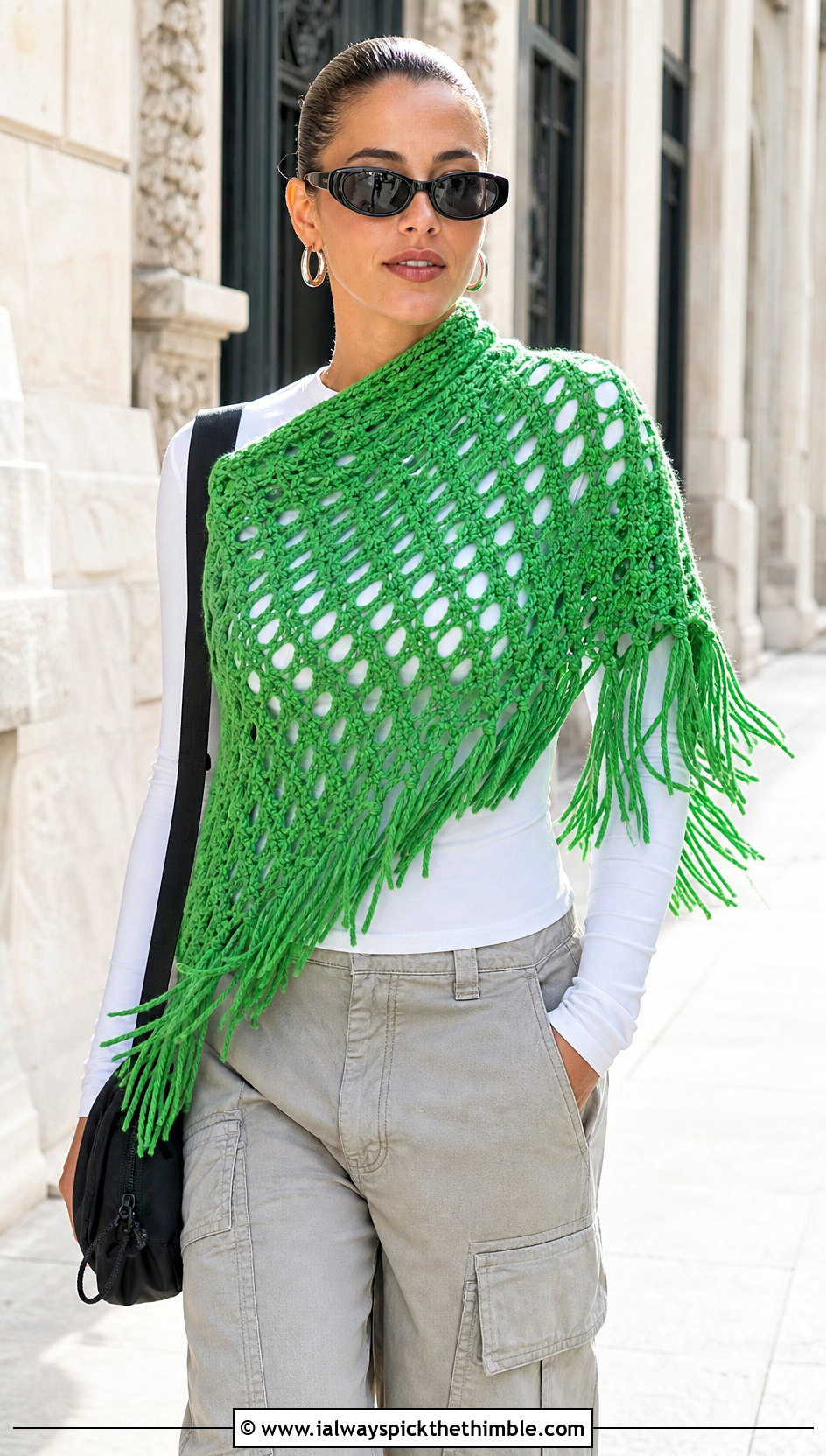 Fringed Double Crochet Shawl With Cargo Pants - 20 Double Crochet Shawl outfit ideas
