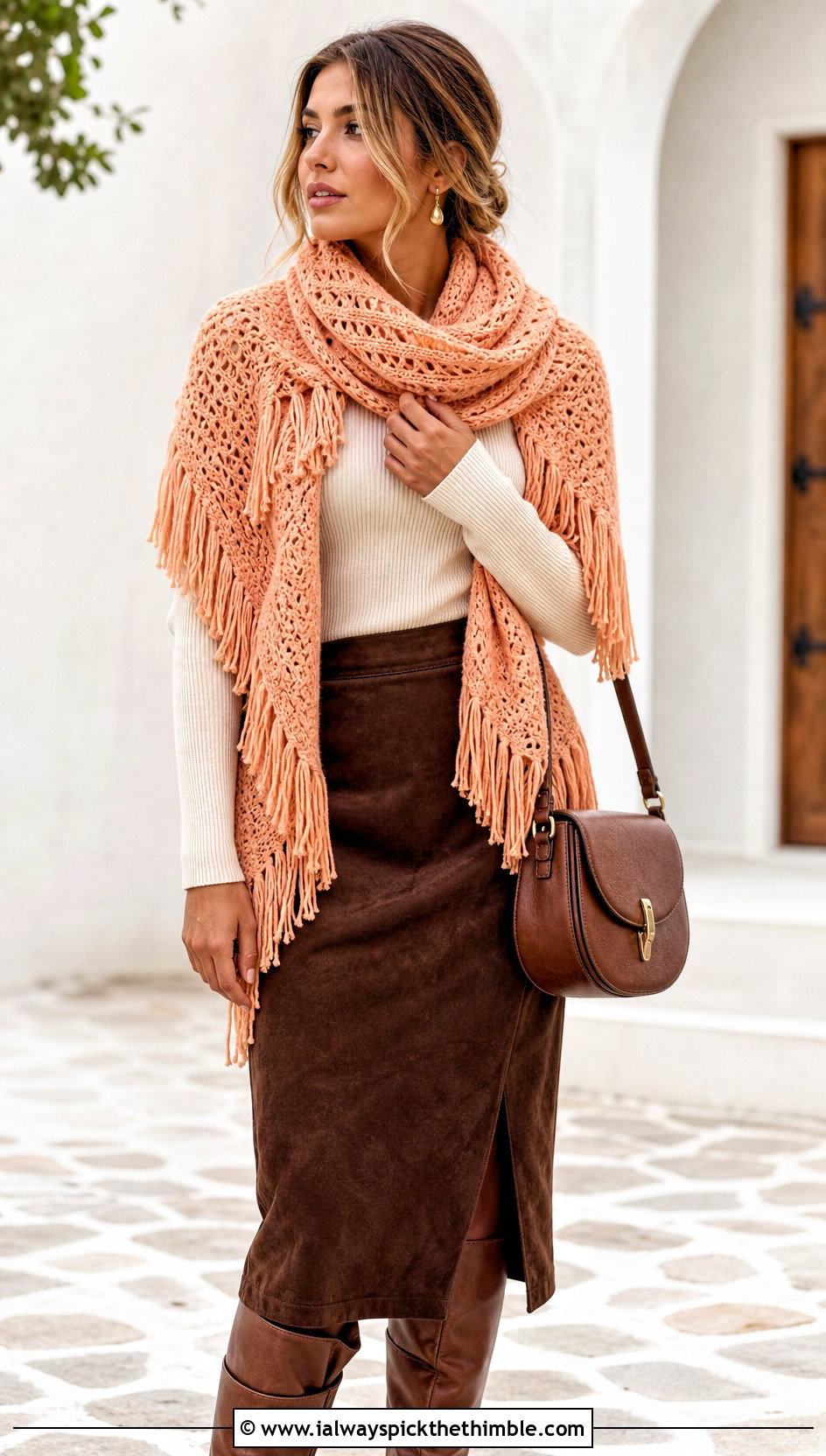 Fringed Double Sleeve Scarf With Suede Midi Skirt - 20 crochet double sleeve scarf outfit ideas
