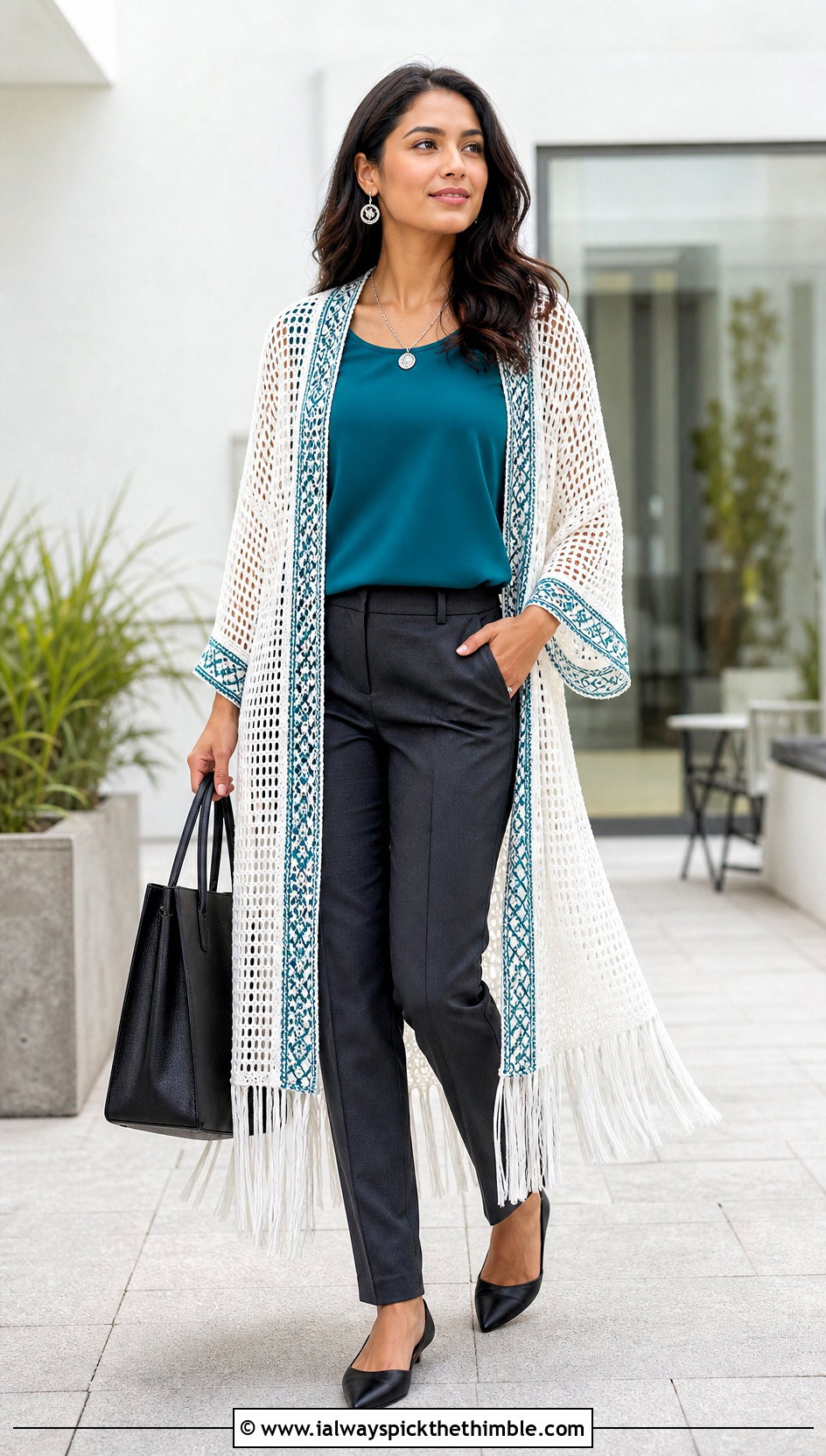 Fringed Duster White Crochet Kimono With Tailored Trousers - 15 White Crochet Kimono outfit ideas