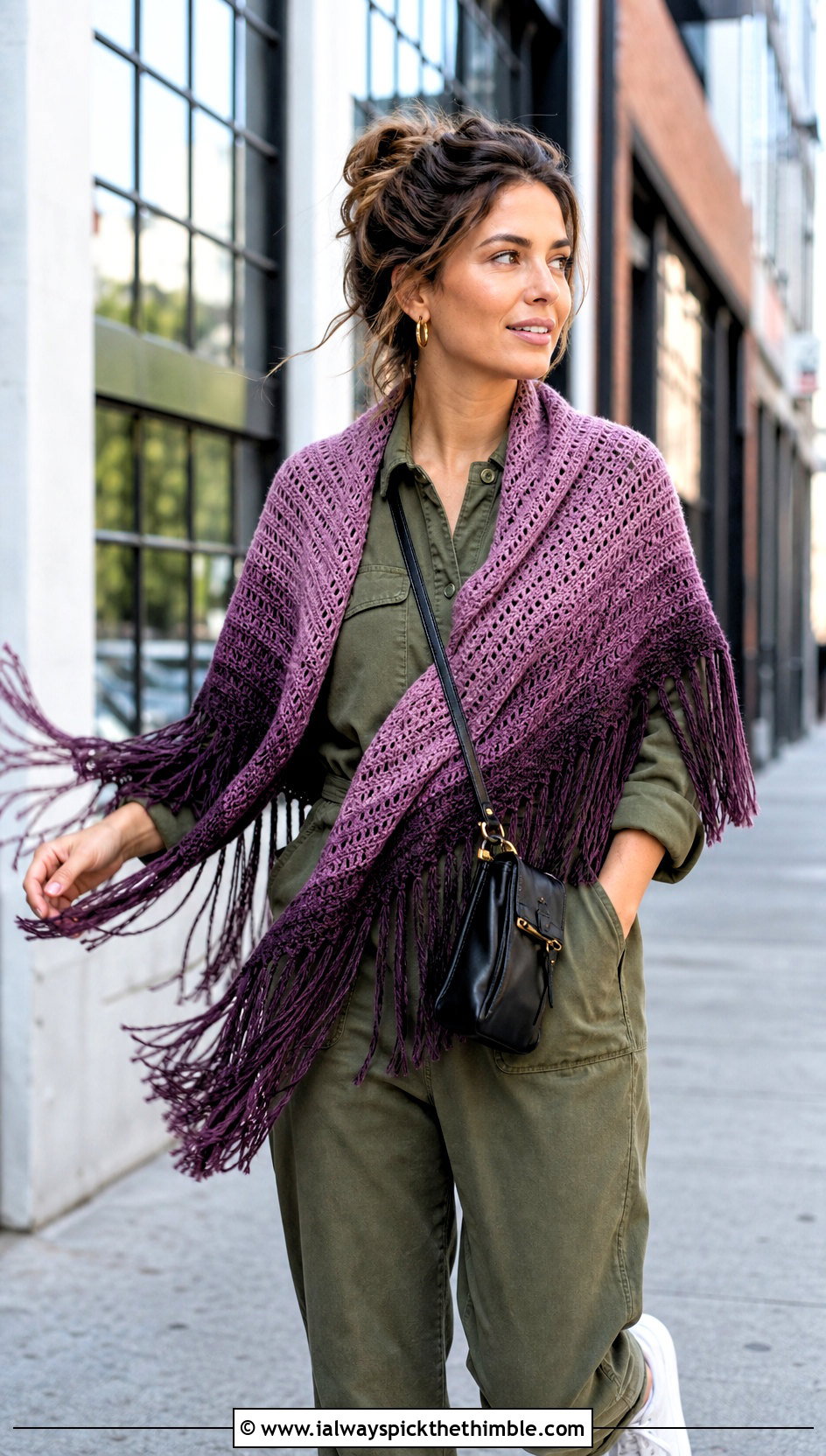 Fringed Fade Shawl With Utility Jumpsuit - 15 Crochet Fade Shawl outfit ideas