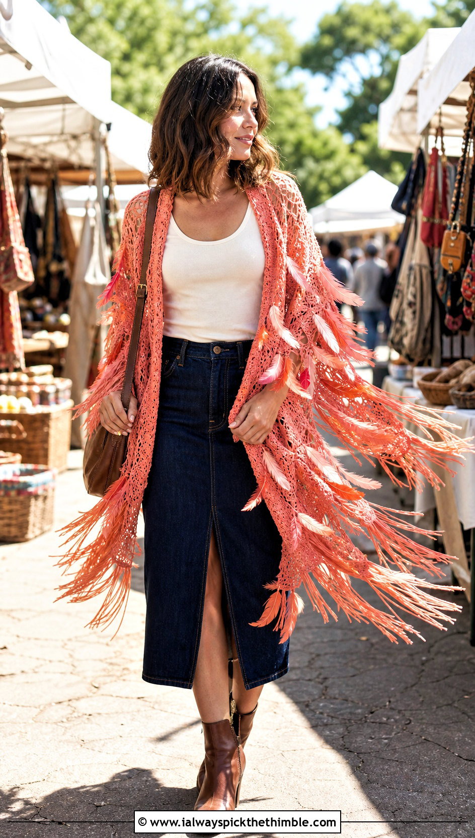 Fringed Feather Crochet Shawl With Denim Midi Skirt - 20 crochet feather shawl outfit ideas
