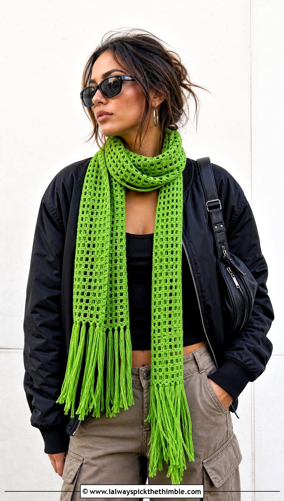 Fringed Filet Crochet Scarf With A Bomber Jacket And Cargo Pants - 25 filet crochet scarf outfit ideas