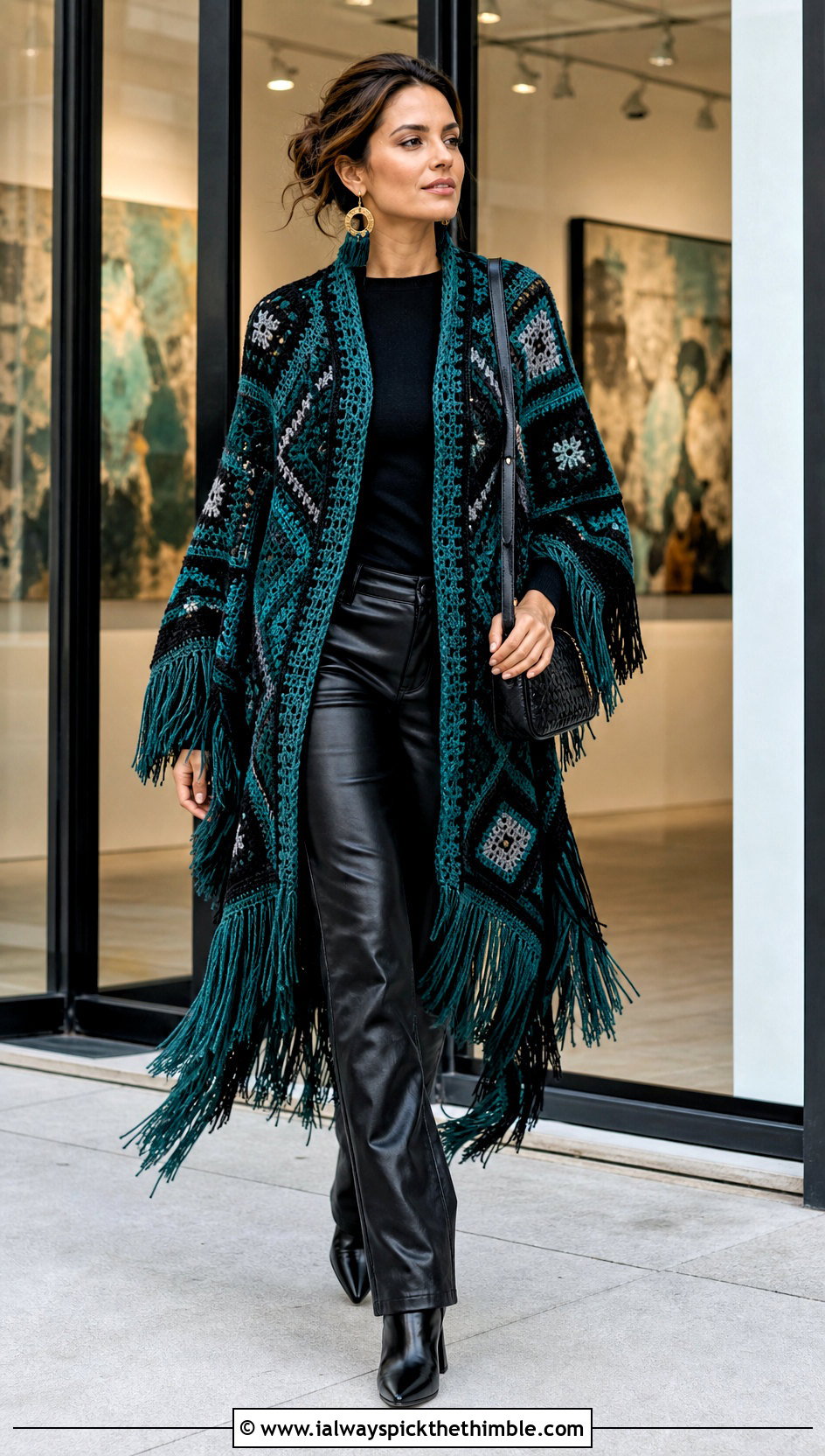 Fringed Geometric Mosaic Poncho With Leather Pants - 15 Mosaic Crochet Poncho outfit ideas
