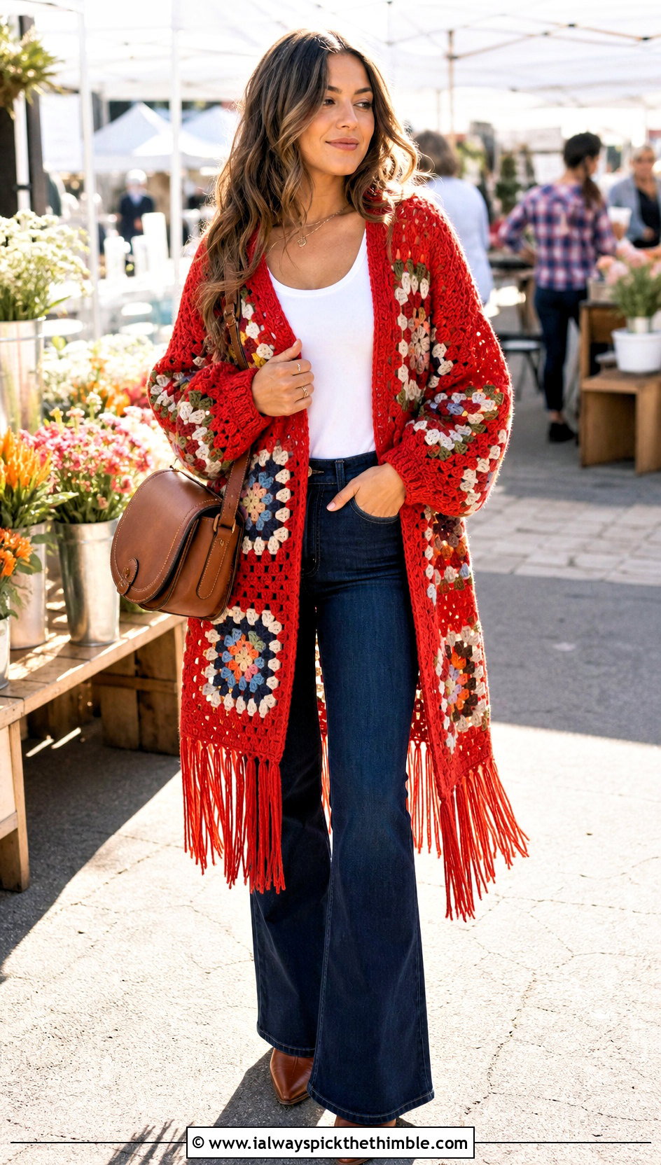 Fringed Giant Granny Square Cardigan With Bootcut Jeans - 25 giant granny square cardigan outfit ideas
