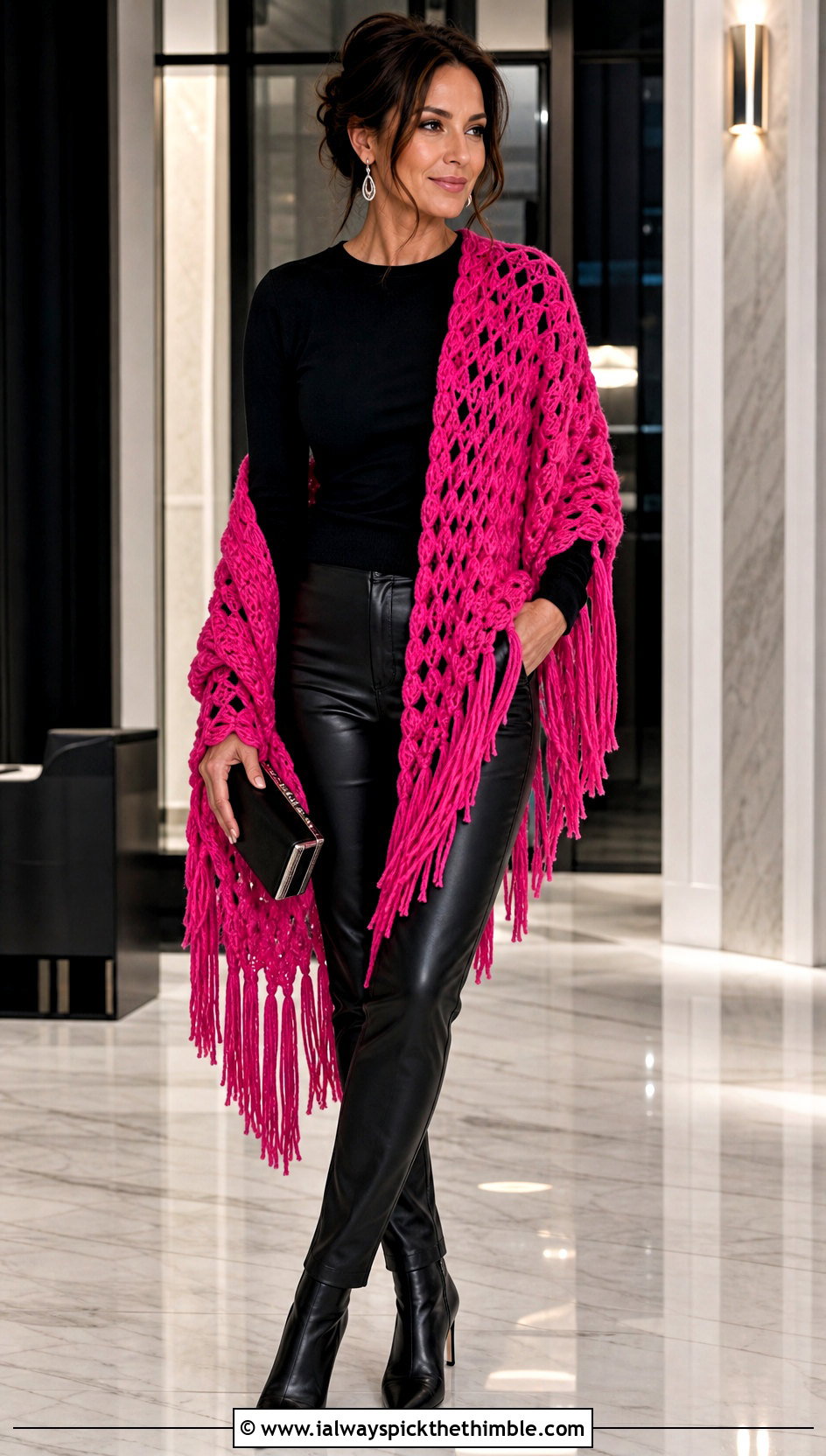 Fringed Granny Shawl With Leather Pants - 15 Granny Crochet Shawl outfit ideas