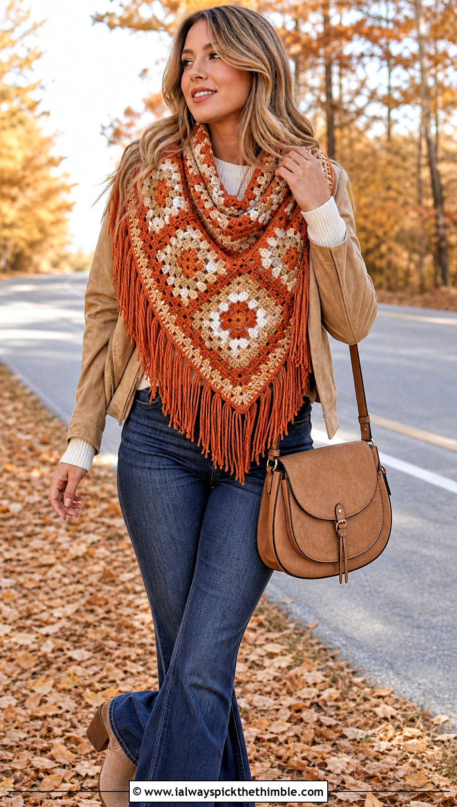 Fringed Granny Square Cowl With Suede Jacket and Flare Jeans - 20 Granny Square Cowl outfit ideas