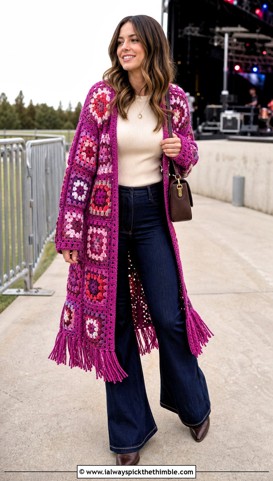 Fringed Granny Square Crochet Coat With Flared Jeans - 20 Granny Square Crochet Coat outfit ideas