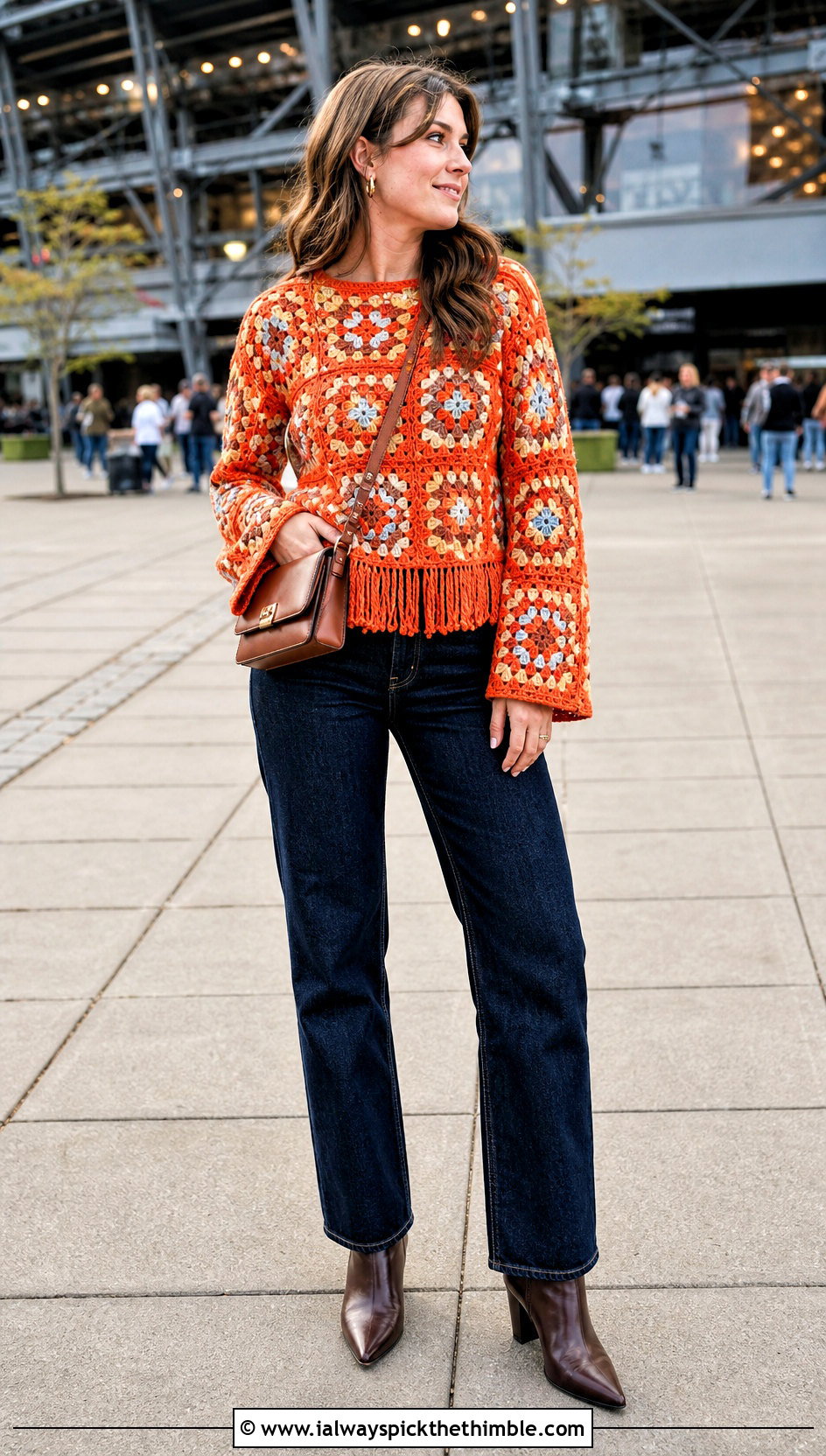 Fringed Granny Square Crochet Long Sleeve Top With Straight Leg Jeans - 20 Granny Square Crochet Long Sleeve Top outfit ideas