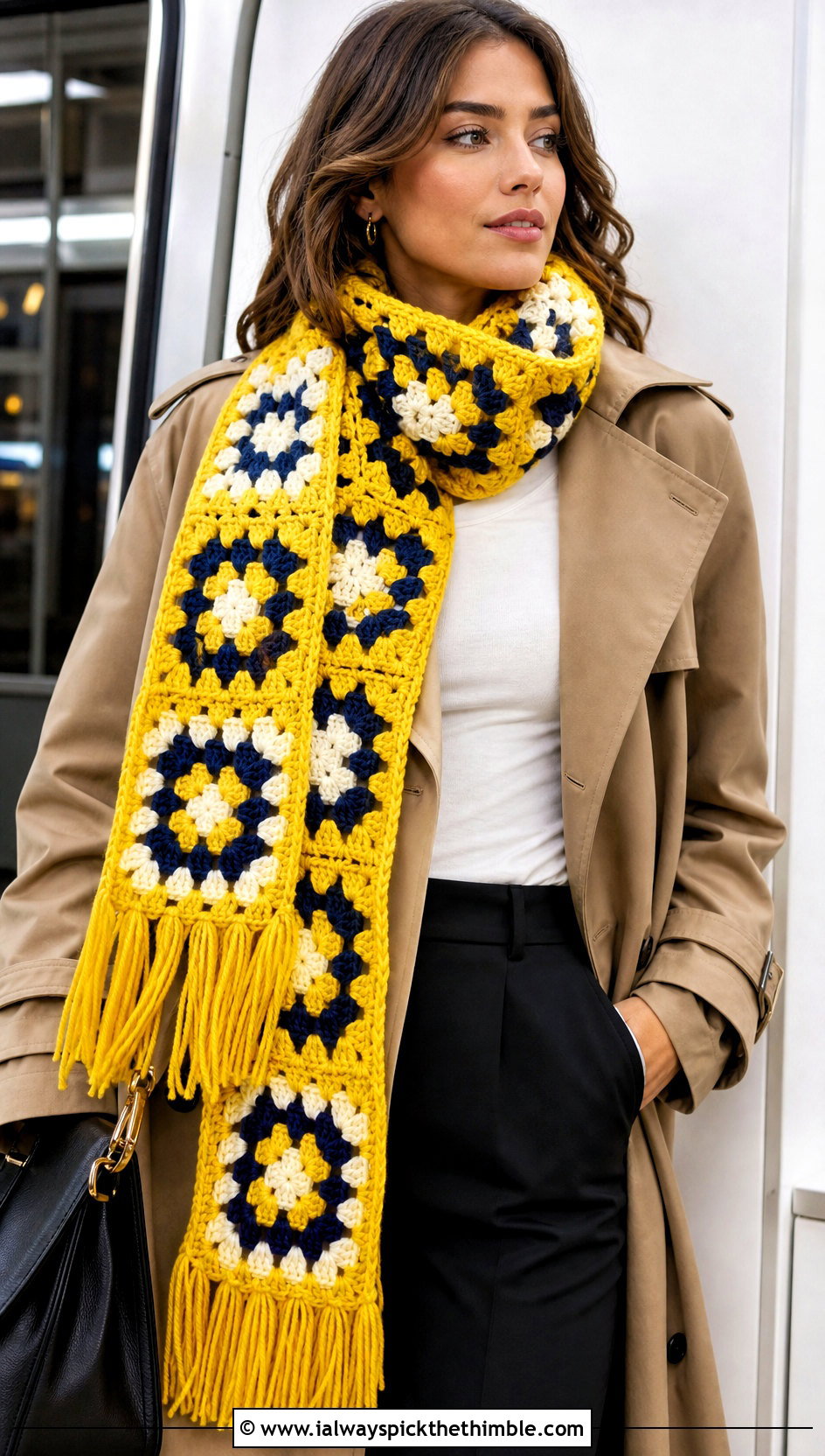 Fringed Granny Square Crochet Scarf With Trench Coat - 25 granny square crochet scarf outfit ideas