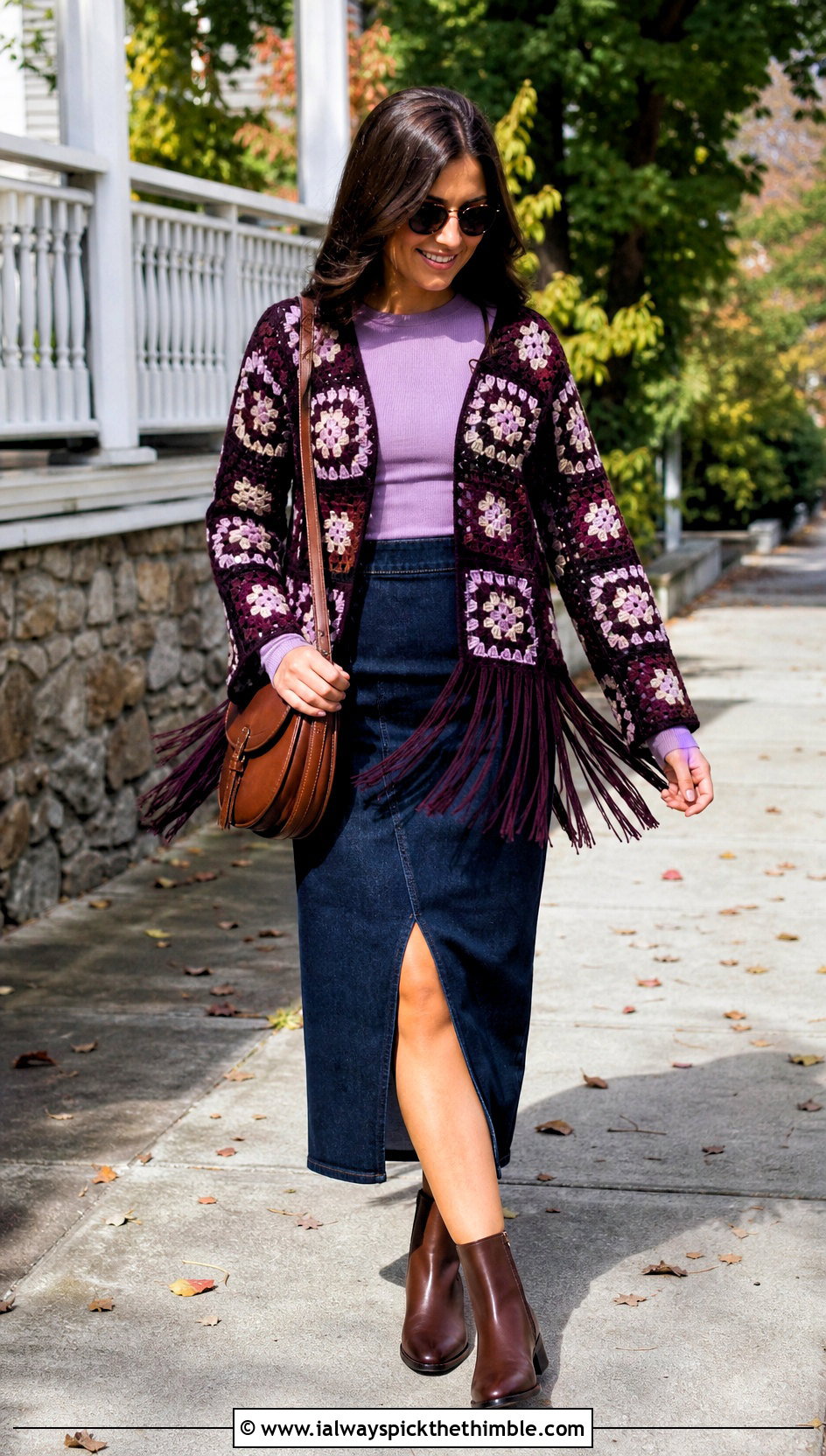 Fringed Granny Square Jacket With Denim Midi Skirt - 20 granny square jackets outfit ideas