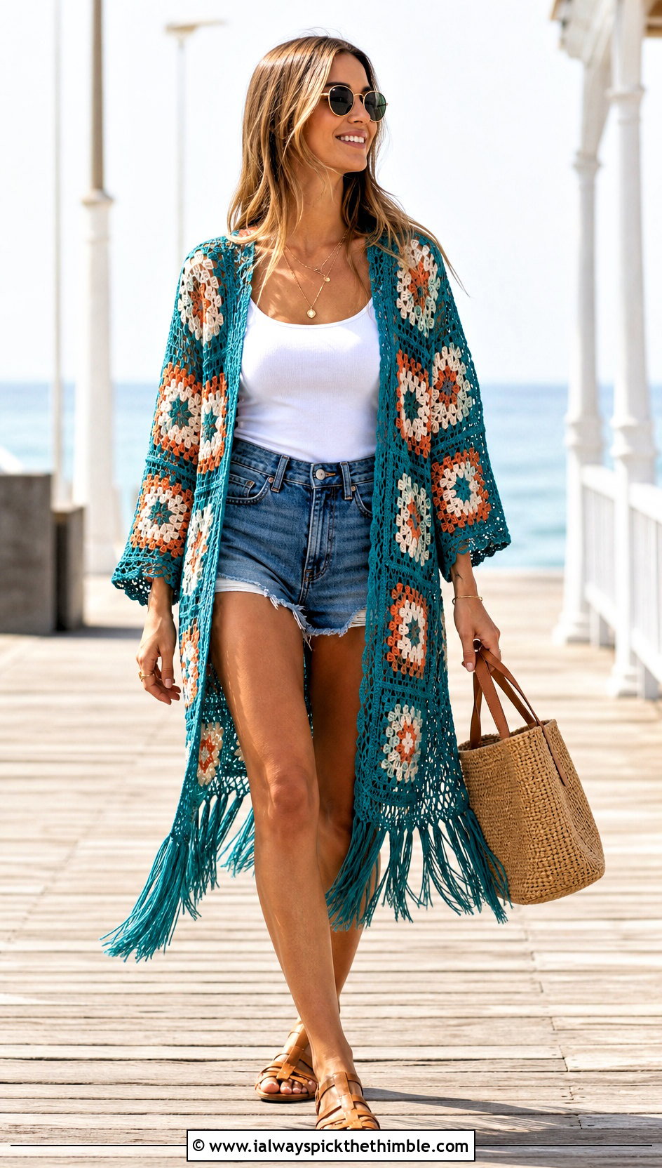 Fringed Granny Square Kimono With Denim Shorts - 20 granny square kimono outfit ideas