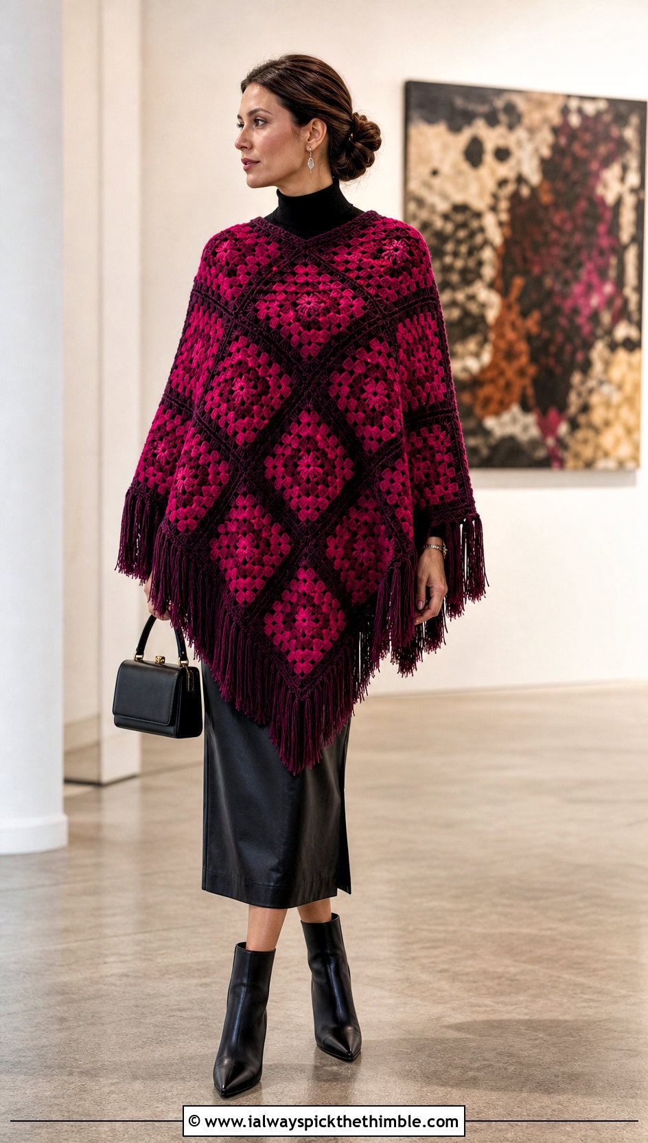 Fringed Granny Square Poncho With Leather Skirt - 15 easy granny square poncho outfit ideas