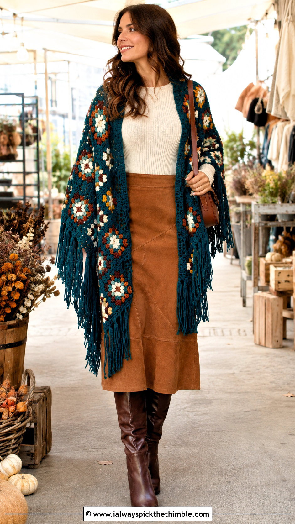 Fringed Granny Square Poncho With Suede Midi Skirt - 25 granny square poncho outfit ideas