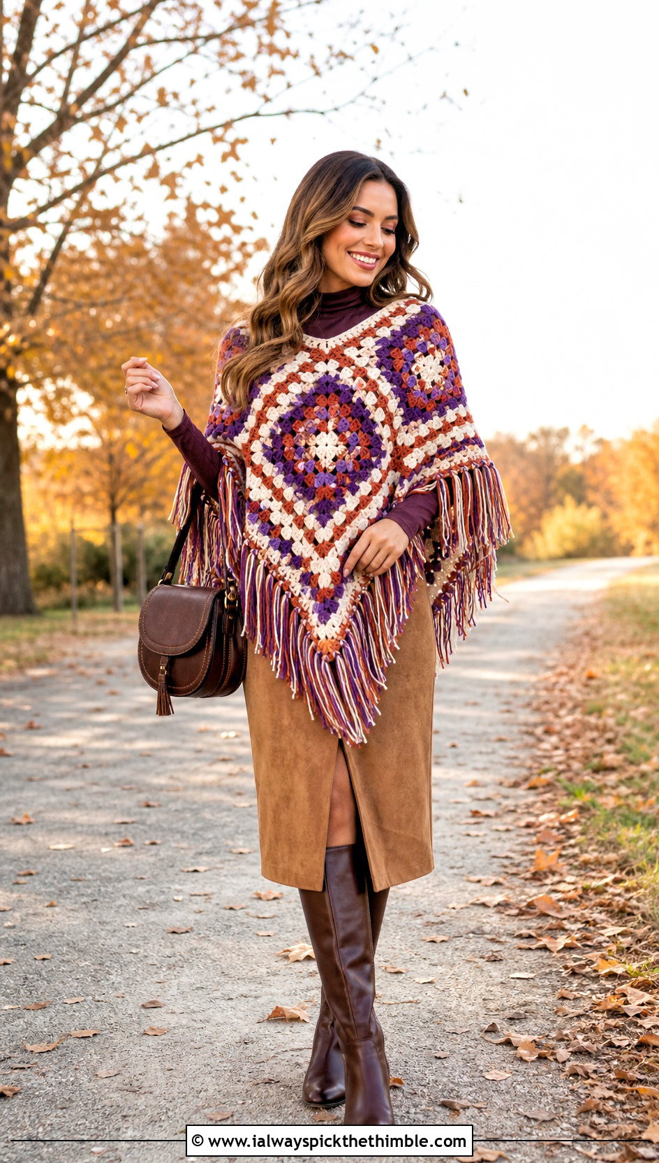 Fringed Granny Square Poncho With Suede Midi Skirt - 25 crochet granny square poncho outfit ideas