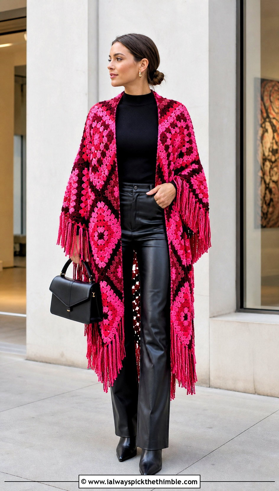 Fringed Granny Square Ruana With Leather Pants - 20 Granny Square Ruana outfit ideas