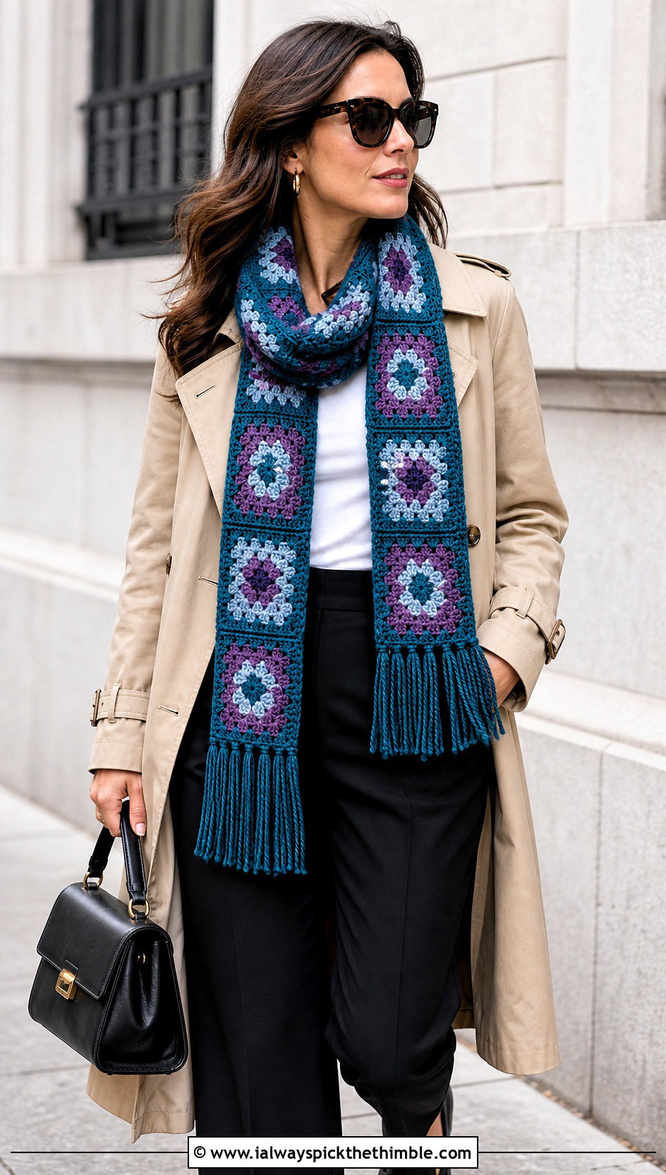 Fringed Granny Square Scarf With Trench Coat And Loafers - 25 granny square scarf outfit ideas