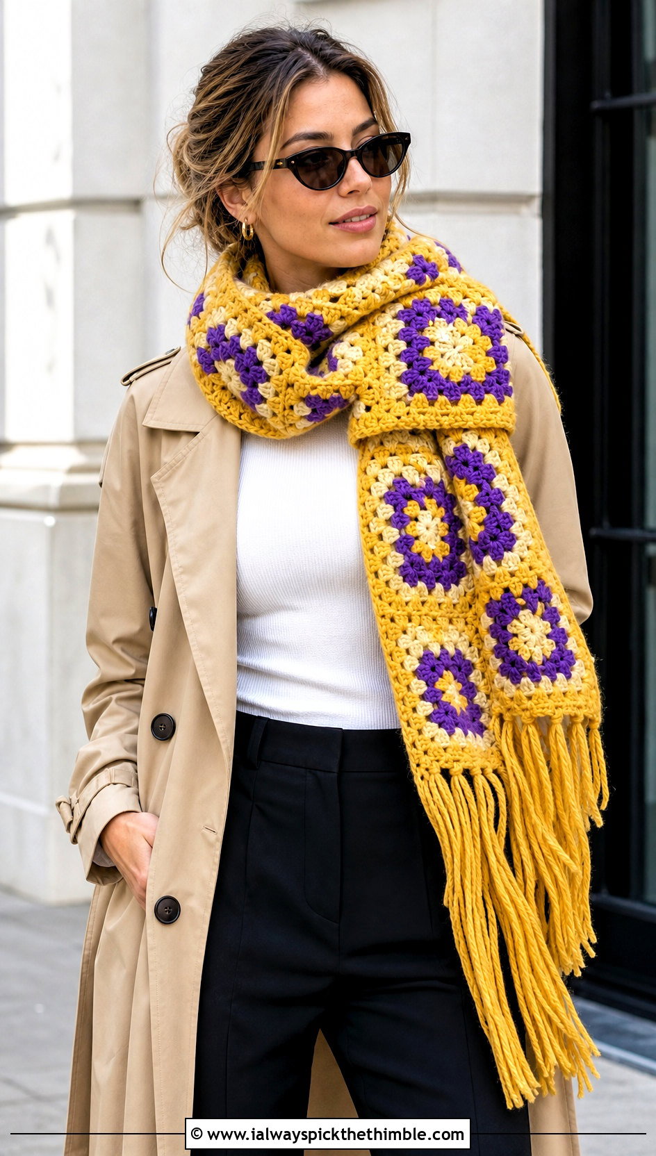 Fringed Granny Square Scarf With Trench Coat And Loafers - 25 granny crochet scarf outfit ideas