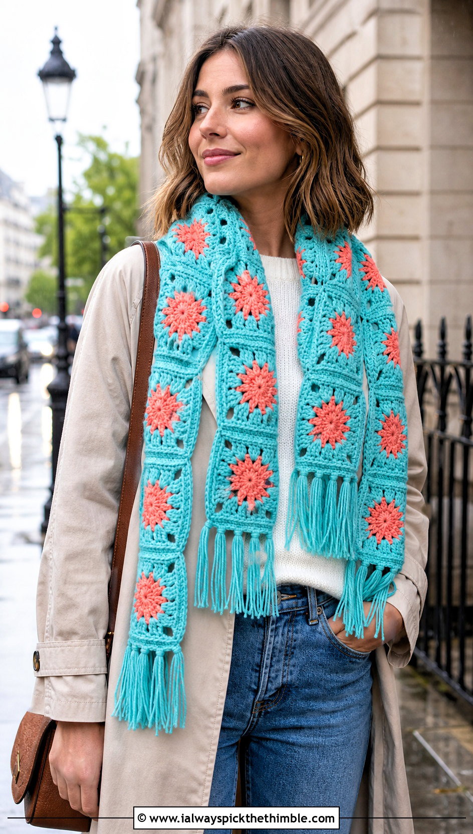Fringed Granny Square Scarf With Trench Coat And Straight Jeans - 20 granny square scarves outfit ideas