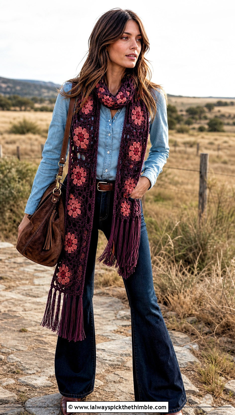 Fringed Granny Square Scarf With Western Shirt And Flared Jeans - 20 crochet scarf squares outfit ideas