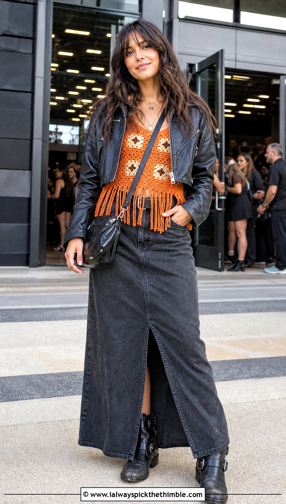 Fringed Granny Square Tank Top With Biker Jacket And Denim Skirt - 25 granny square tank top outfit ideas