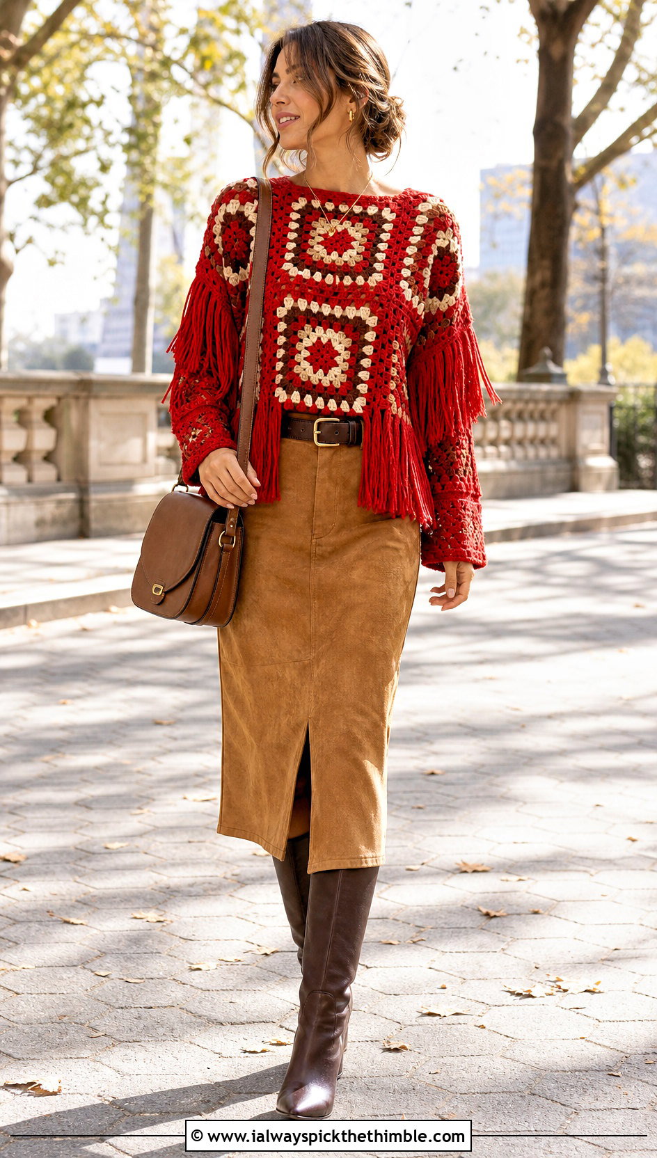 Fringed Granny Square Top With Suede Midi Skirt - 20 Square Crochet Top outfit ideas