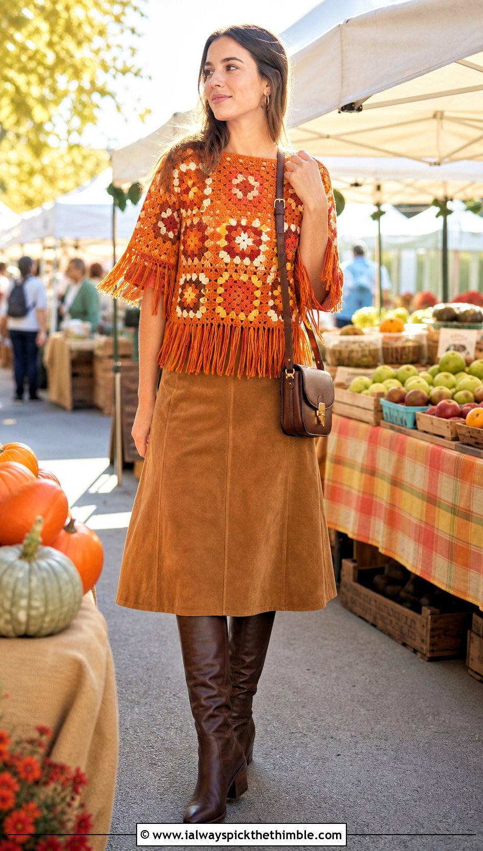 Fringed Granny Square Top With Suede Midi Skirt - 25 crochet granny square top outfit ideas