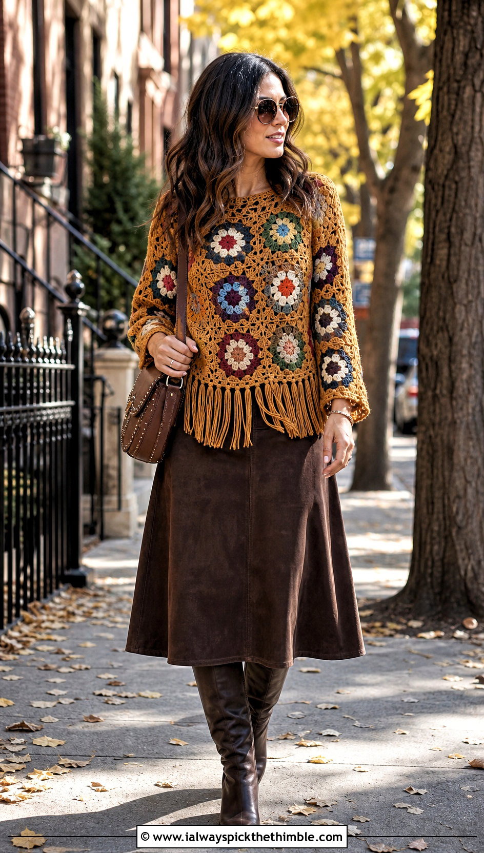 Fringed Granny Square Top With Suede Midi Skirt - 20 Crochet Granny Square Tops For Women outfit ideas