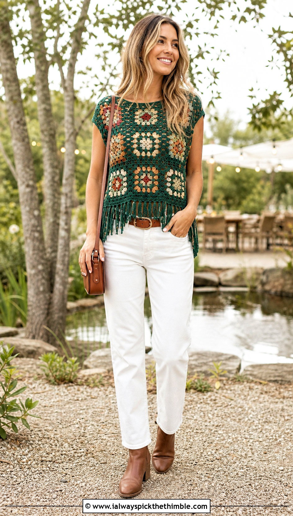 Fringed Granny Square Top With White Jeans - 25 granny square top outfit ideas