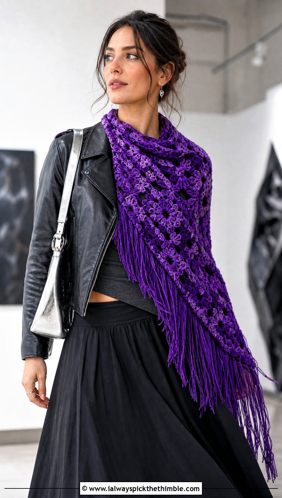 Fringed Granny Square Triangle Shawl With Leather Jacket And Midi Skirt - 20 granny square triangle shawl outfit ideas