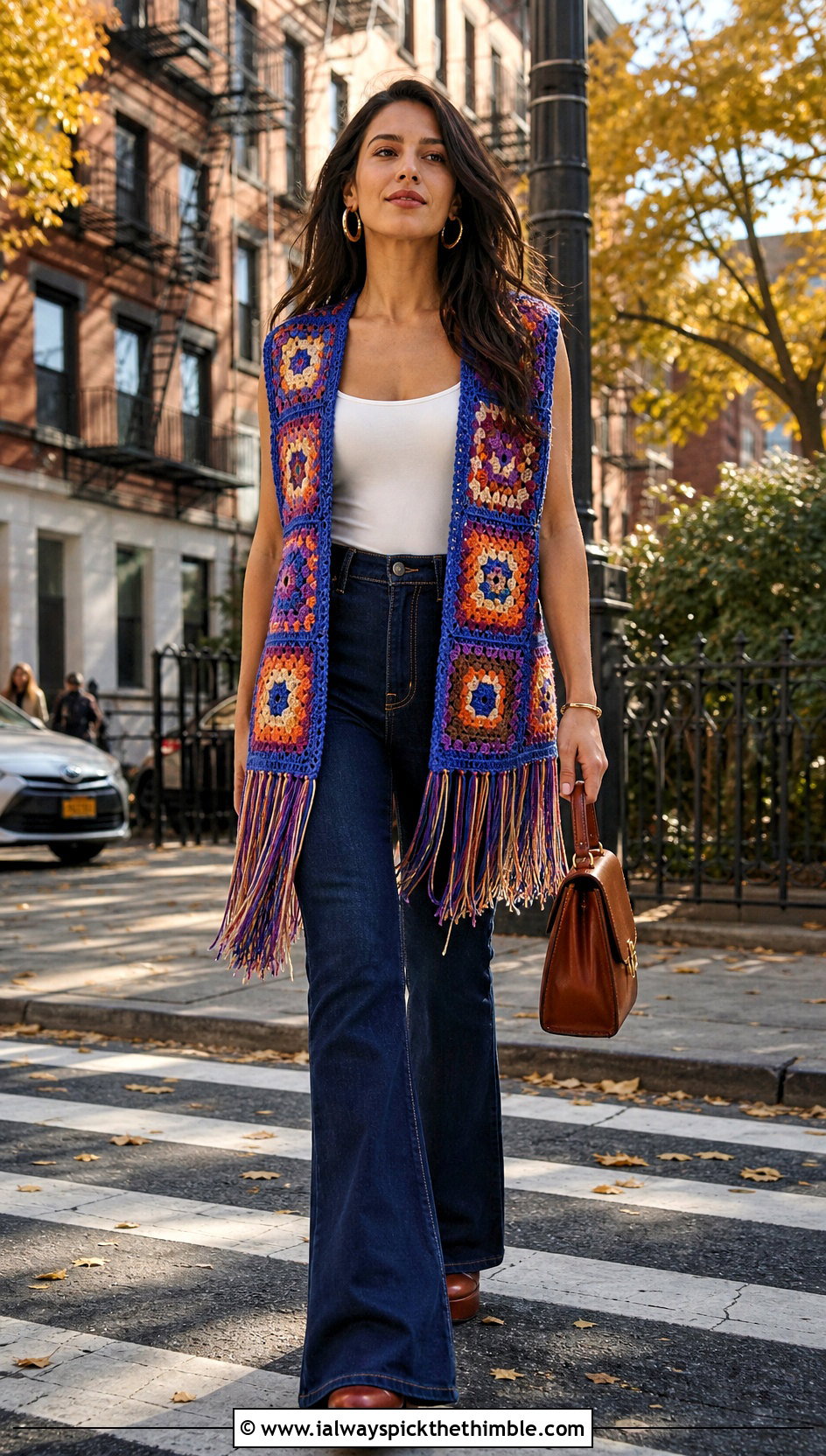 Fringed Granny Square Vest With Flared Jeans - 25 granny square vest outfit ideas