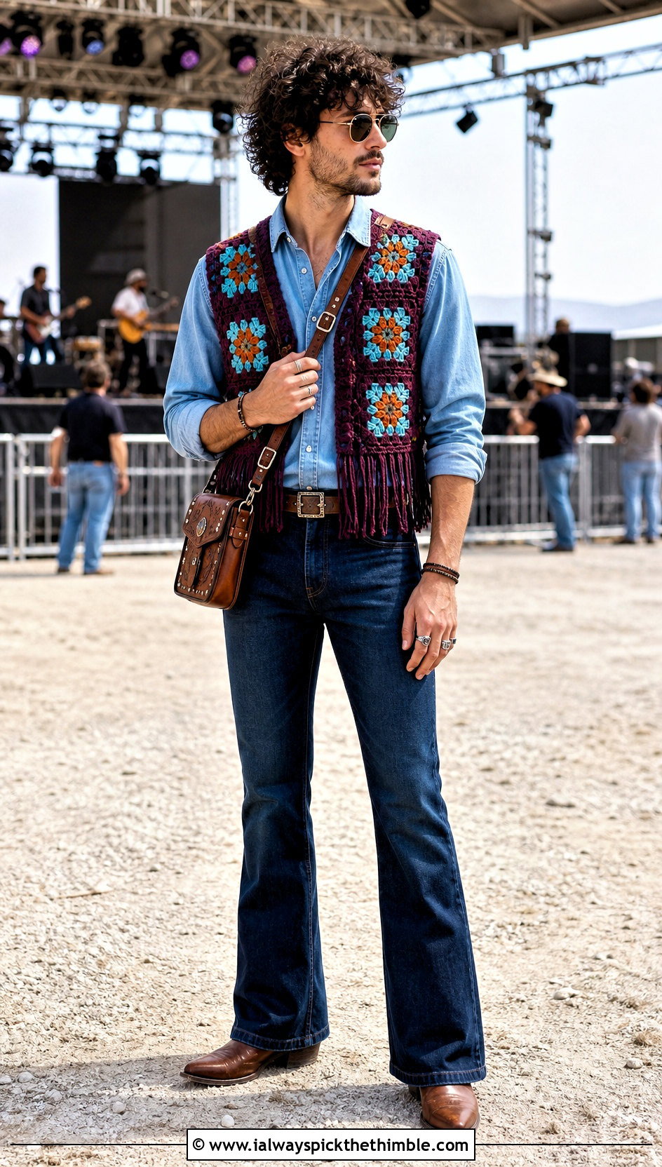 Fringed Granny Square Vest With Western Shirt And Bootcut Jeans - 20 crochet granny square mens vest outfit ideas