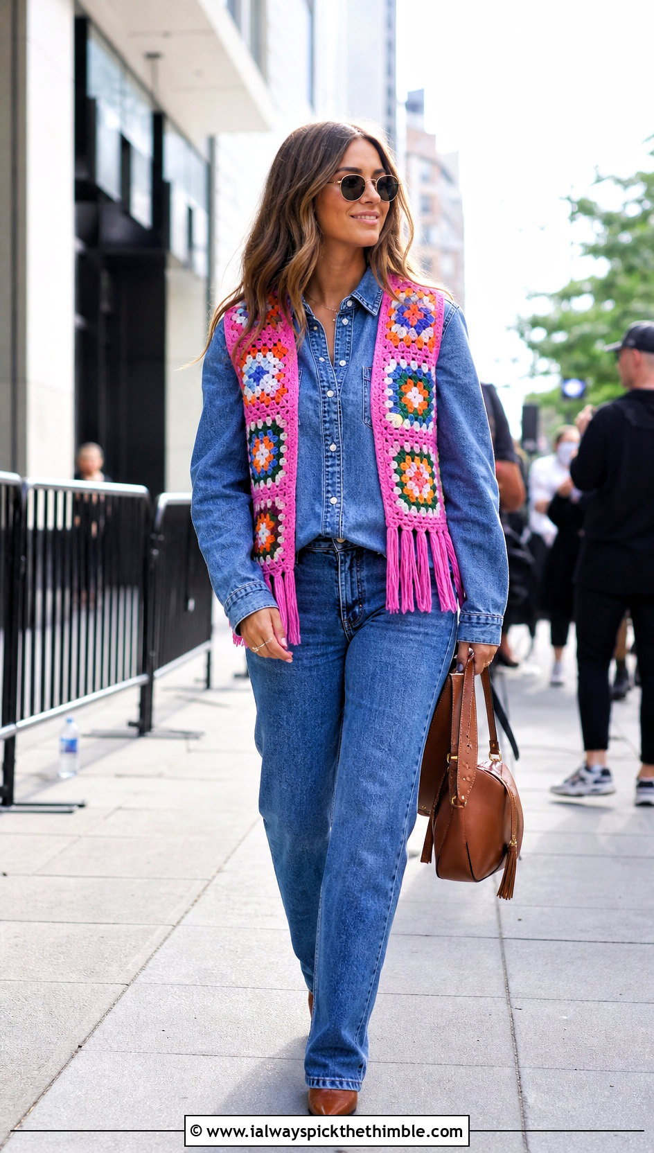 Fringed Granny Square Vest With a Matching Denim Set - 20 Granny Squares Vest outfit ideas